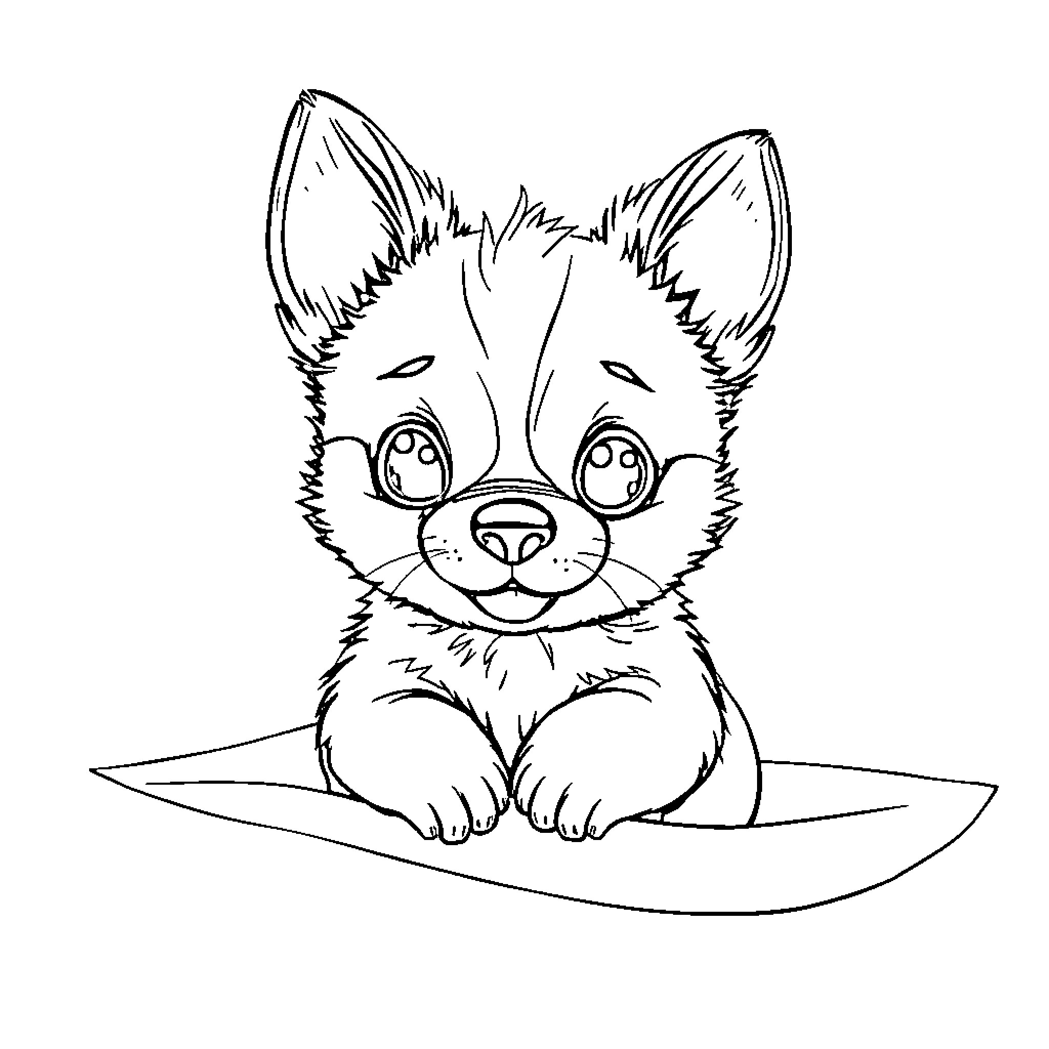 Puppy sitting playfully on a surface Coloring Page (free black-and-white line drawing printable PDF for all, from beginners to advanced learners, including children, teens, adults, and seniors)