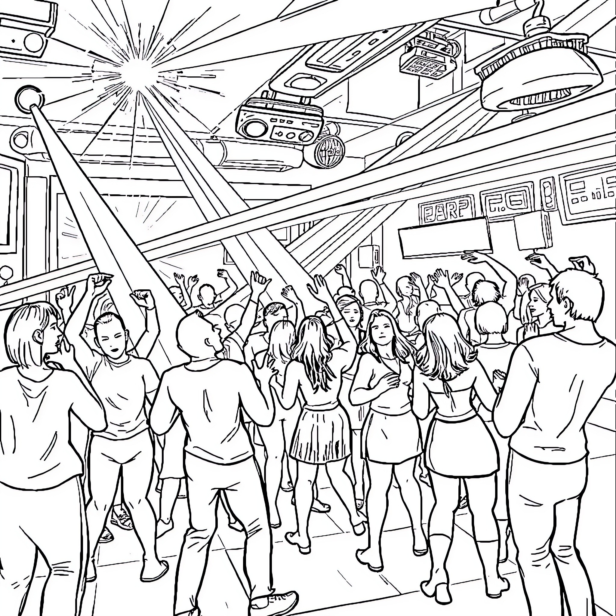Dancer Performing at Energetic Music Festival Coloring Page (free black-and-white line drawing printable PDF for all, from beginners to advanced learners, including children, teens, adults, and seniors)