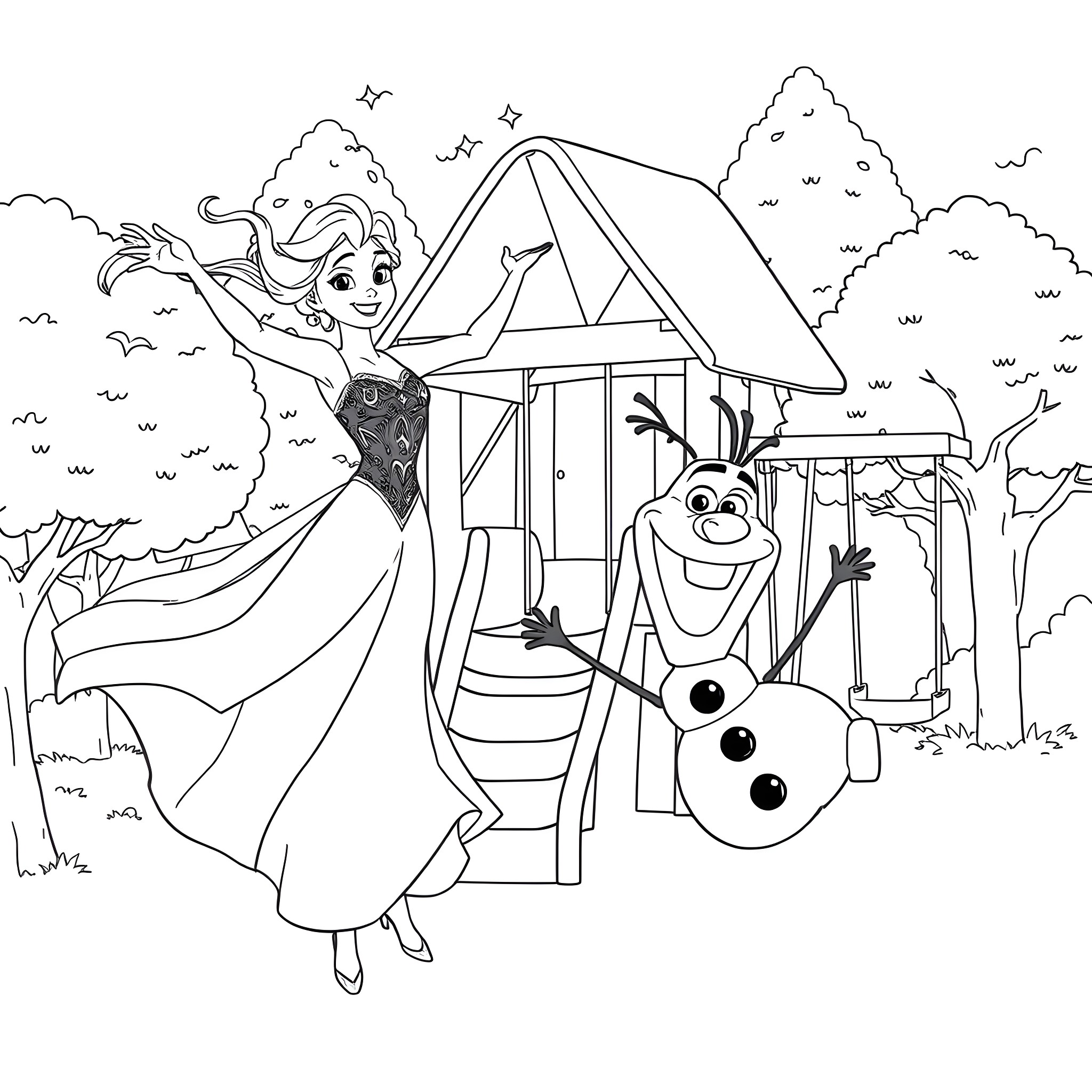 Elsa and Olaf exploring the forest Coloring Page (free black-and-white line drawing printable PDF for all, from beginners to advanced learners, including children, teens, adults, and seniors)