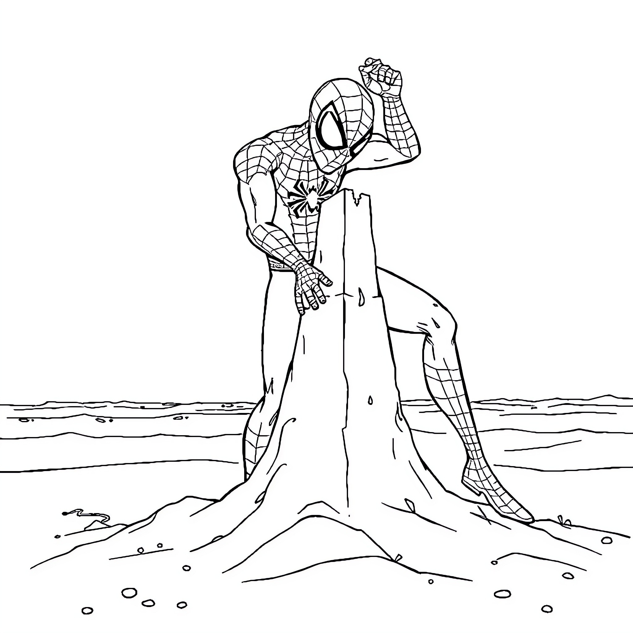 Spiderman climbing up a rocky formation Coloring Page (free black-and-white line drawing printable PDF for all, from beginners to advanced learners, including children, teens, adults, and seniors)