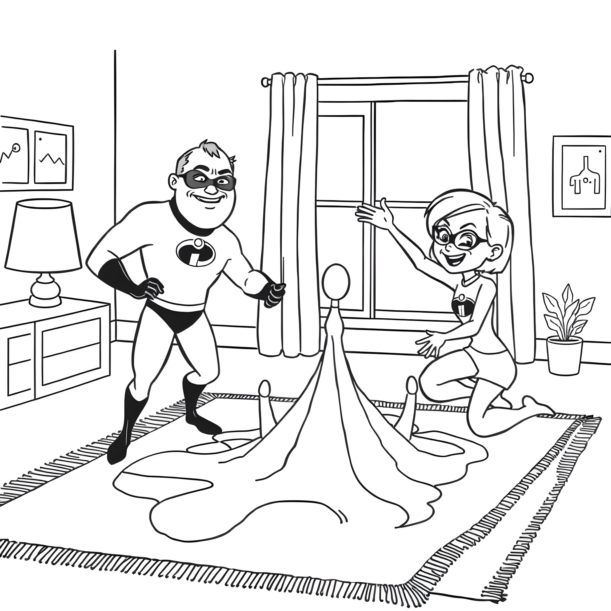 Mr Incredible helping his son with superhero costume Coloring Page (free black-and-white line drawing printable PDF for all, from beginners to advanced learners, including children, teens, adults, and seniors)