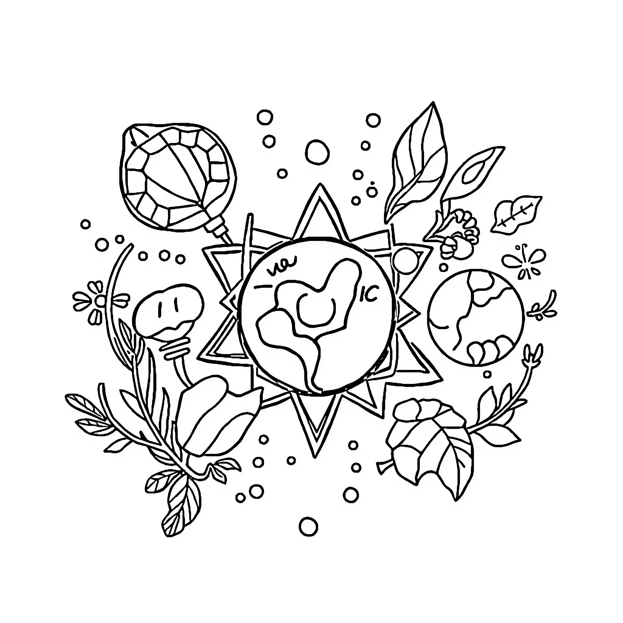 Artwork with Whimsical Floral and Nature Imagery Coloring Page (free black-and-white line drawing printable PDF for all, from beginners to advanced learners, including children, teens, adults, and seniors)