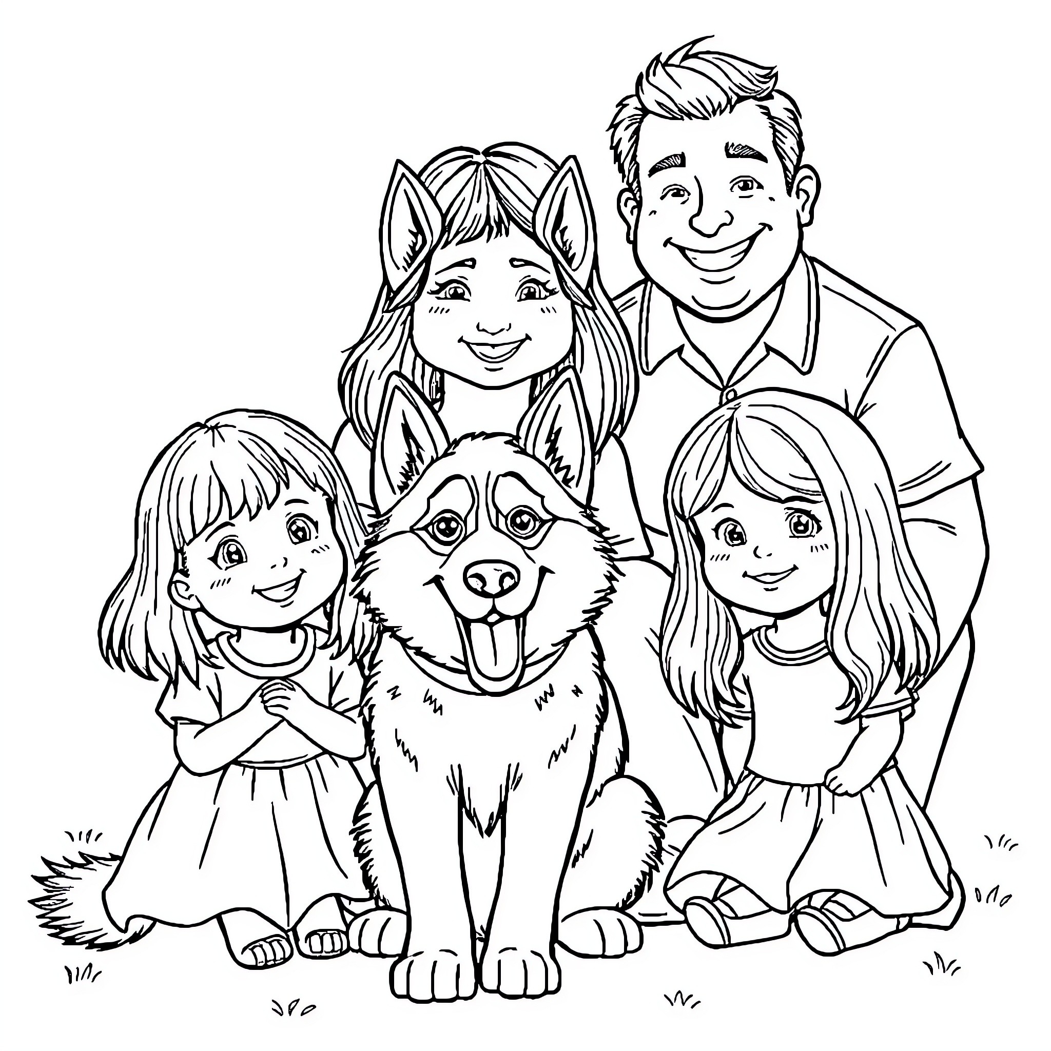 Husky posing with happy family in nature Coloring Page (free black-and-white line drawing printable PDF for all, from beginners to advanced learners, including children, teens, adults, and seniors)