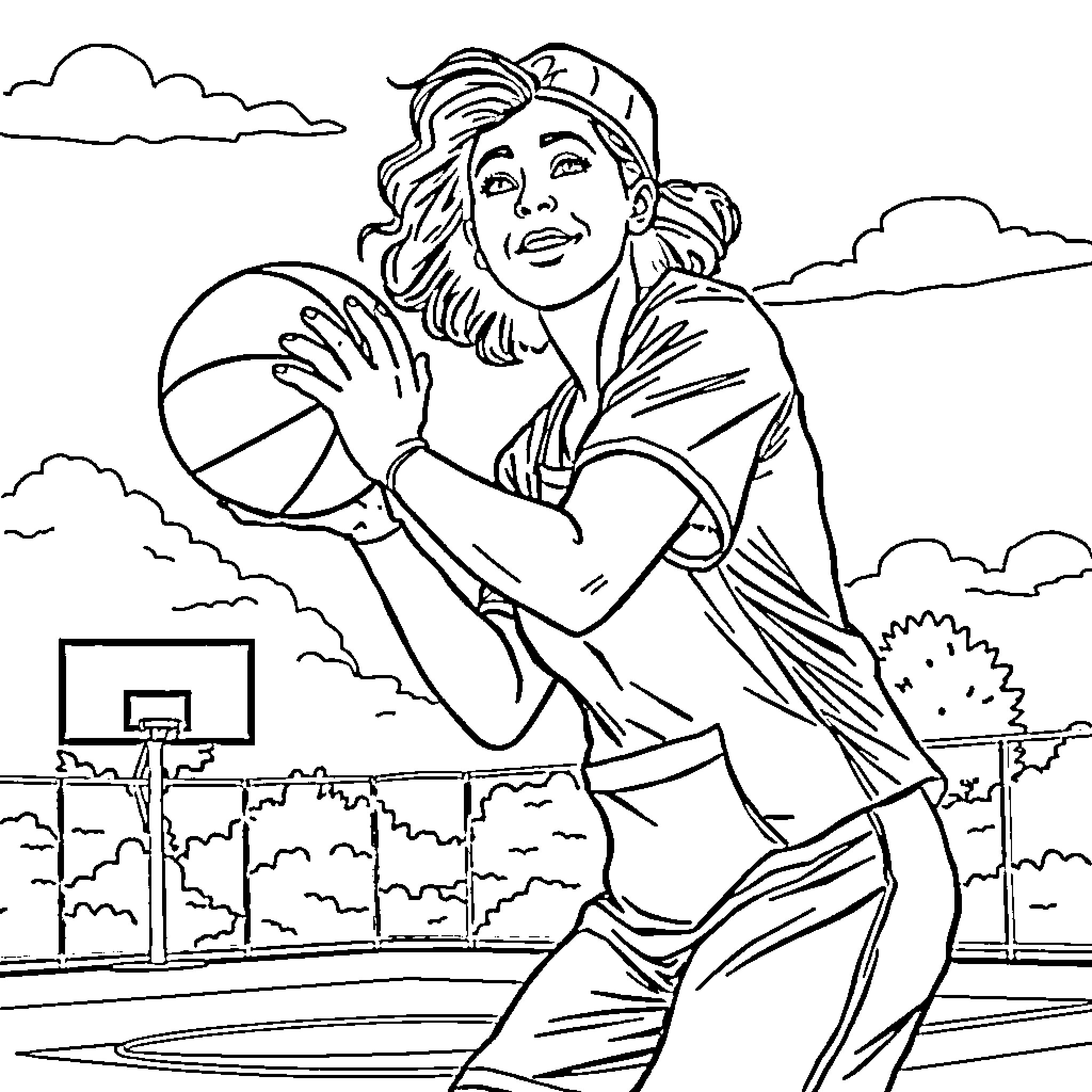 Nurse playing basketball on the court Coloring Page (free black-and-white line drawing printable PDF for all, from beginners to advanced learners, including children, teens, adults, and seniors)