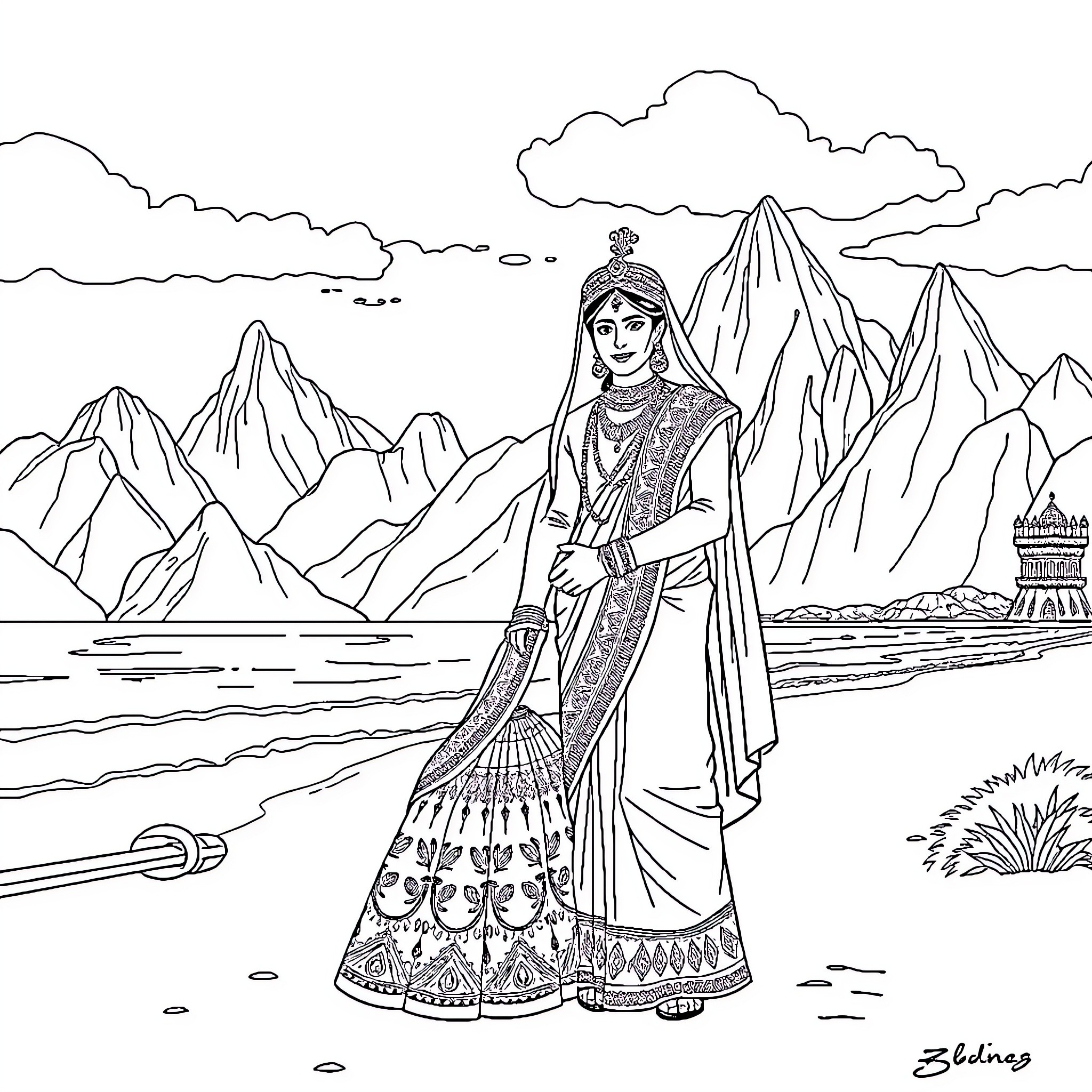 Bride and Groom in Traditional Indian Wedding Attire Coloring Page (free black-and-white line drawing printable PDF for all, from beginners to advanced learners, including children, teens, adults, and seniors)