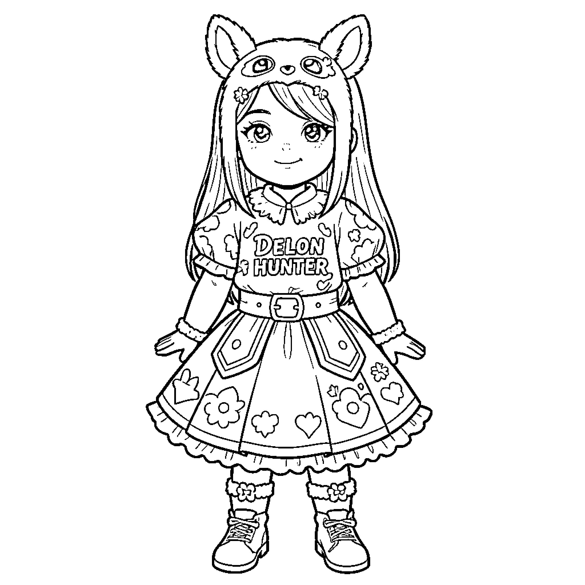 Nina's Whimsical Delon Hunter Outfit Coloring Page (free black-and-white line drawing printable PDF for all, from beginners to advanced learners, including children, teens, adults, and seniors)