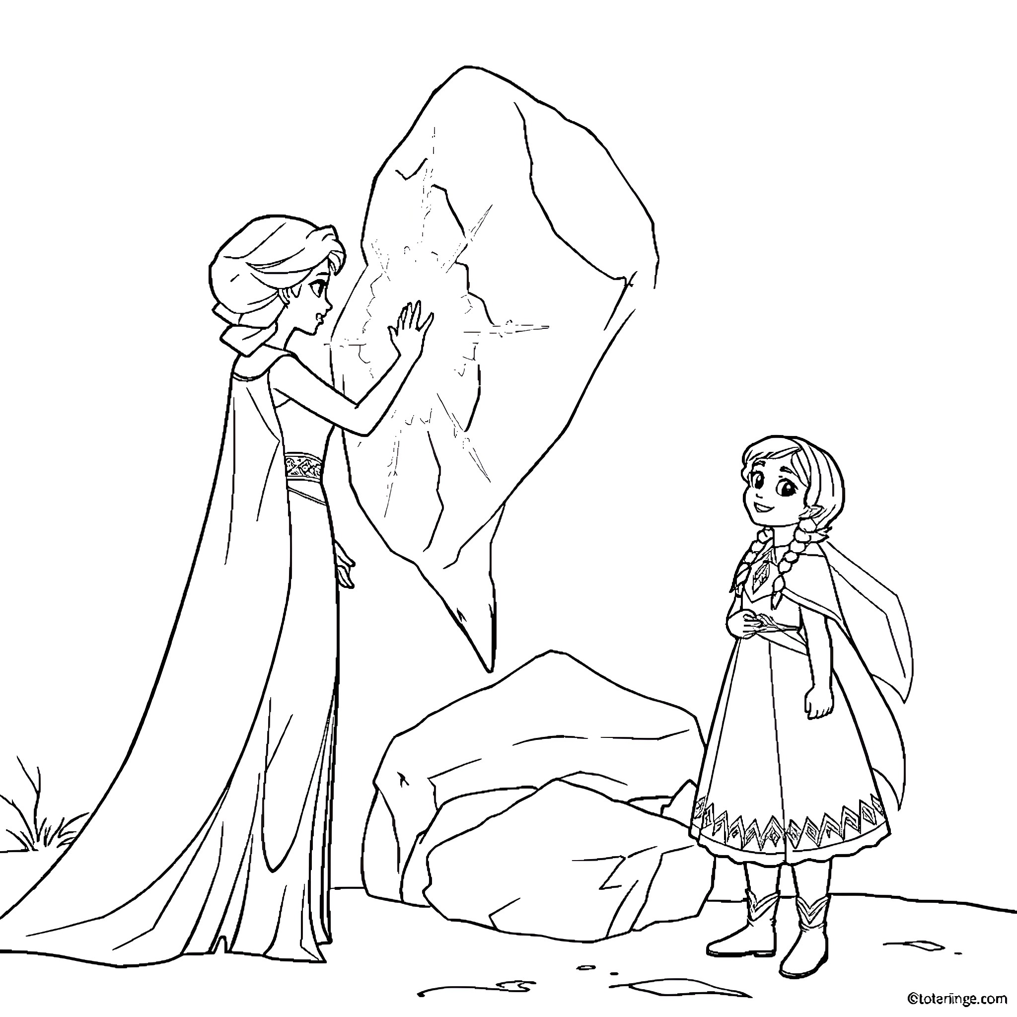 Elsa in Arendelle with Anna Coloring Page (free black-and-white line drawing printable PDF for all, from beginners to advanced learners, including children, teens, adults, and seniors)