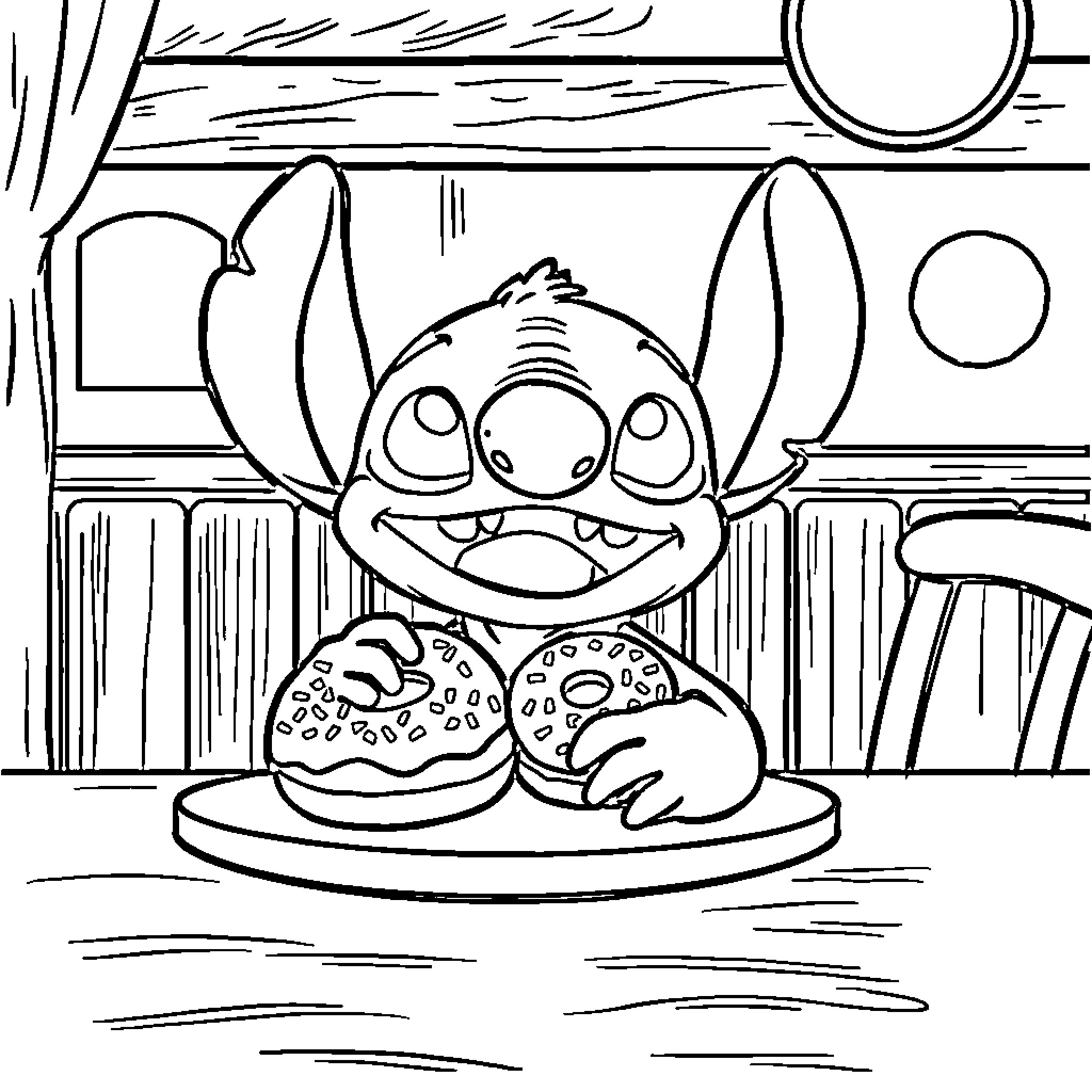 Stitch Enjoying a Tasty Treat Coloring Page (free black-and-white line drawing printable PDF for all, from beginners to advanced learners, including children, teens, adults, and seniors)
