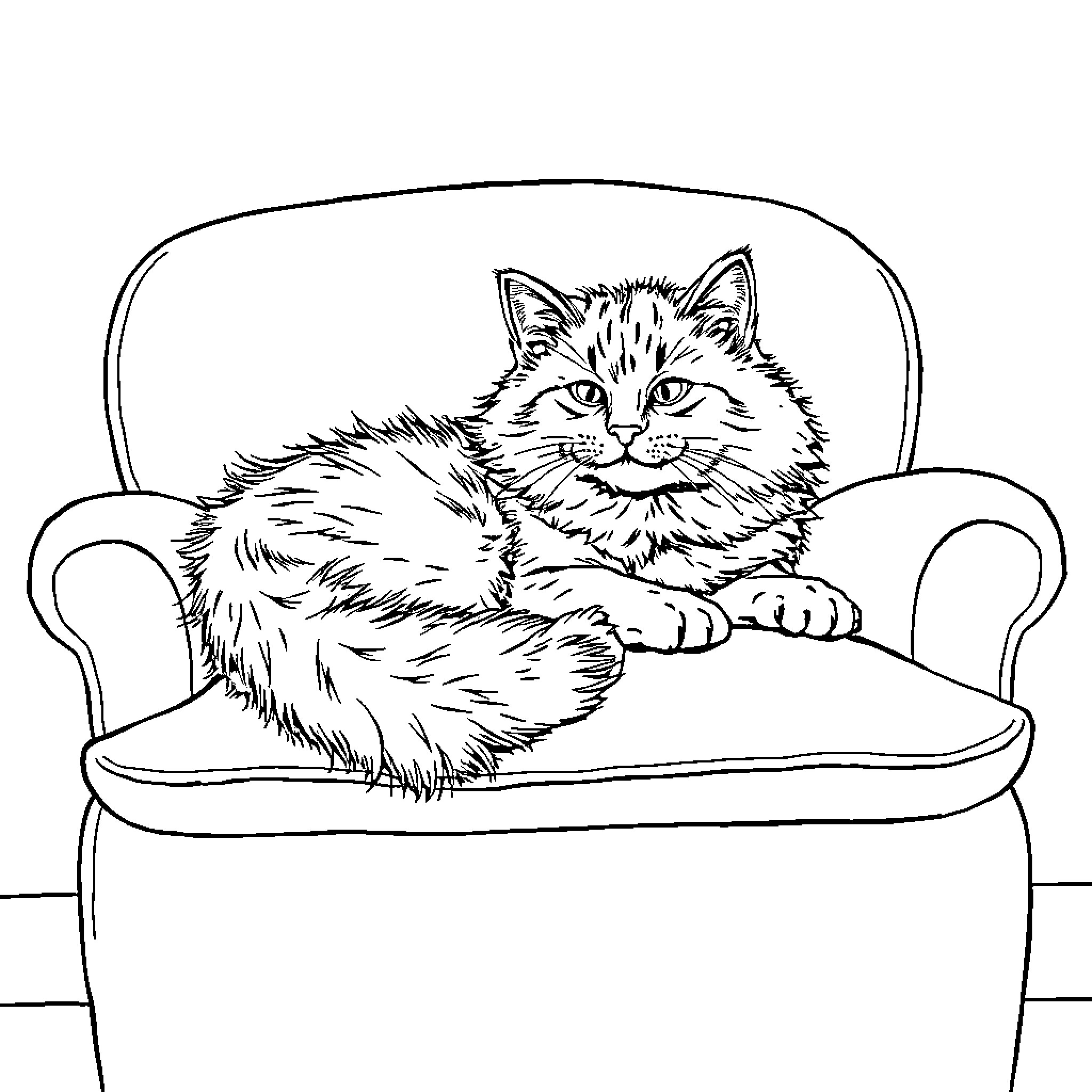 Cat resting comfortably on a chair Coloring Page (free black-and-white line drawing printable PDF for all, from beginners to advanced learners, including children, teens, adults, and seniors)
