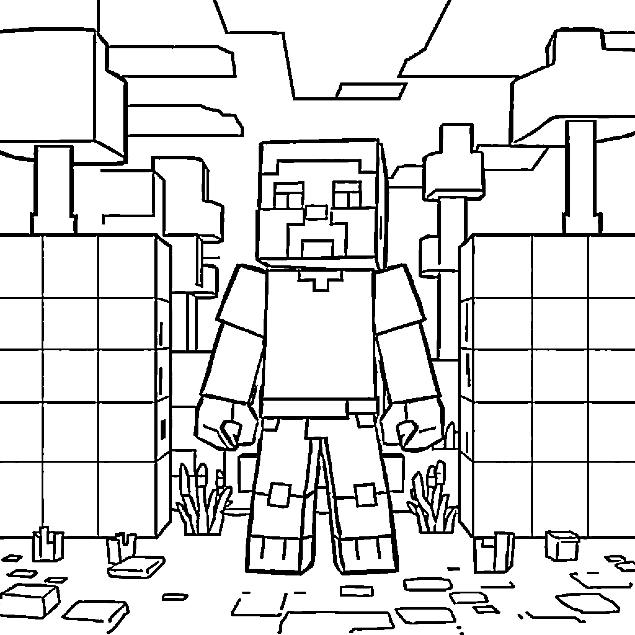 Minecraft Character standing in a blocky landscape Coloring Page (free black-and-white line drawing printable PDF for all, from beginners to advanced learners, including children, teens, adults, and seniors)