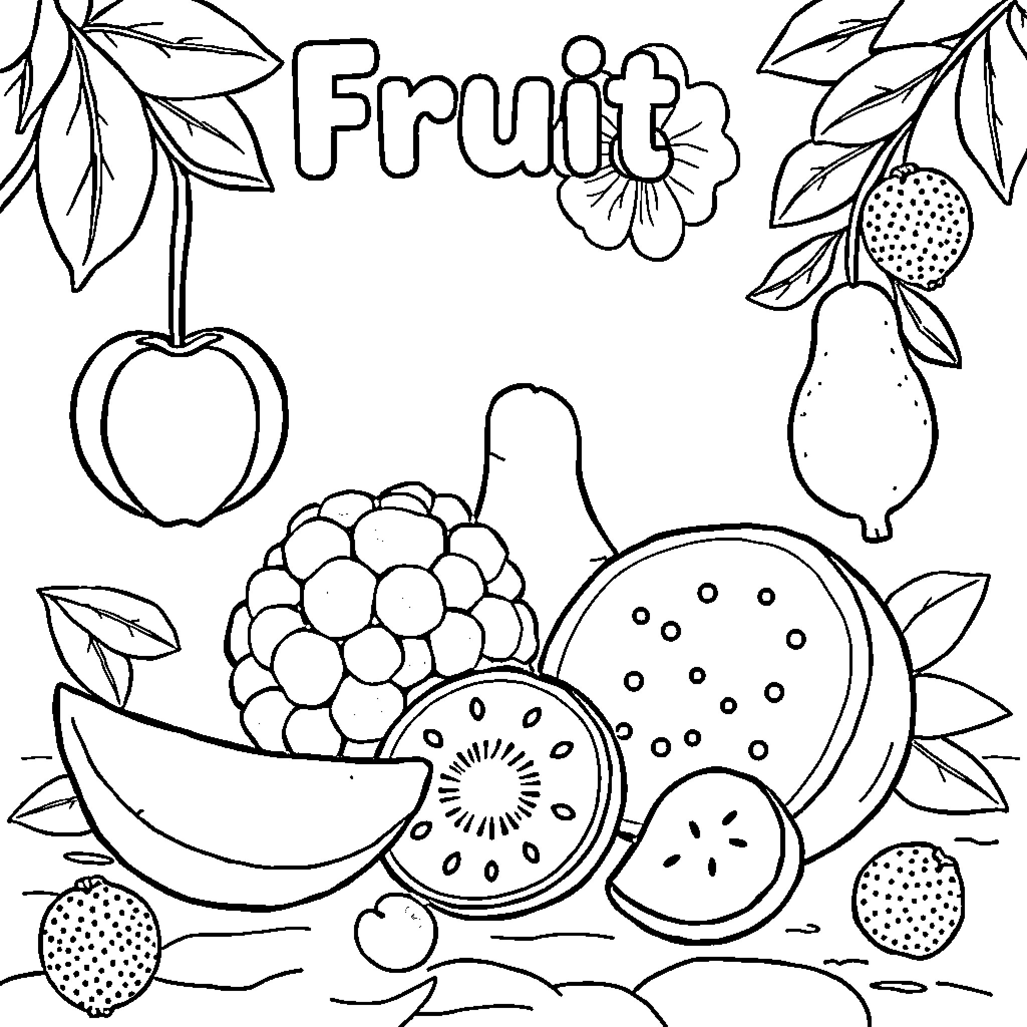 Fruit-themed Coloring Page with Various Produce Coloring Page (free black-and-white line drawing printable PDF for all, from beginners to advanced learners, including children, teens, adults, and seniors)