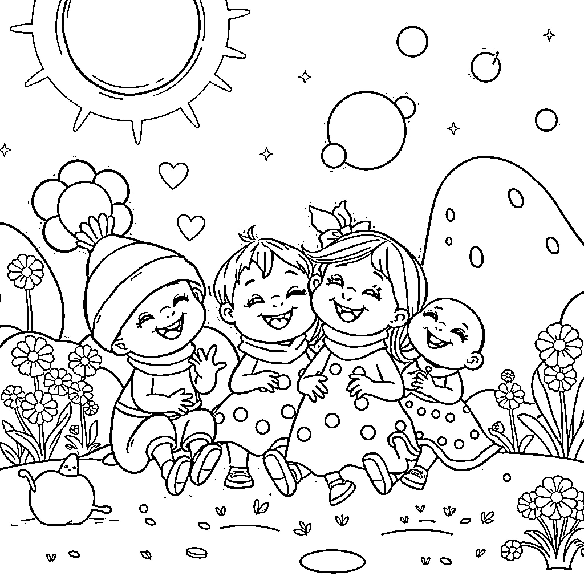 Babblarna playing happily in the garden Coloring Page (free black-and-white line drawing printable PDF for all, from beginners to advanced learners, including children, teens, adults, and seniors)