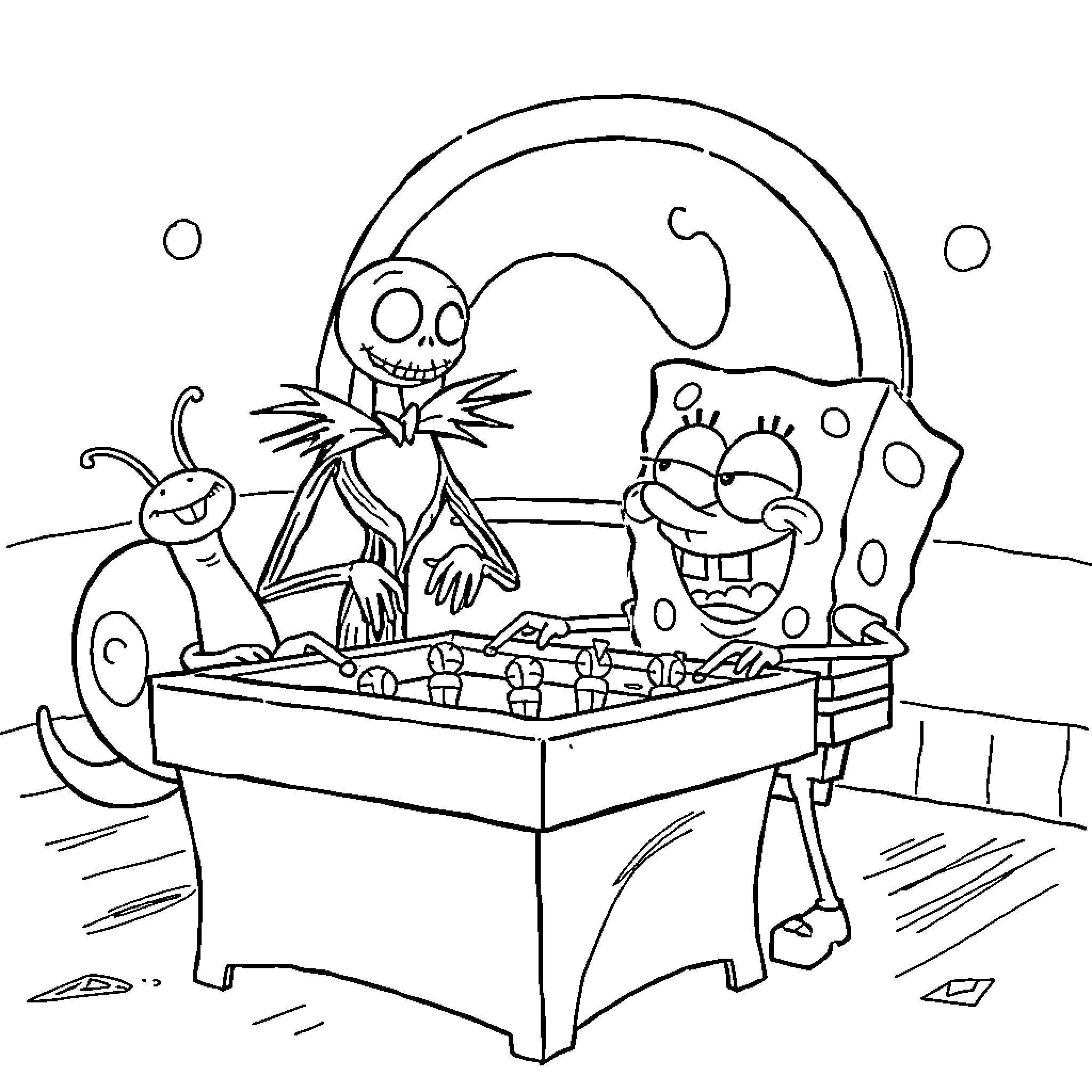 Spongebob and friends playing board games under the sea Coloring Page (free black-and-white line drawing printable PDF for all, from beginners to advanced learners, including children, teens, adults, and seniors)