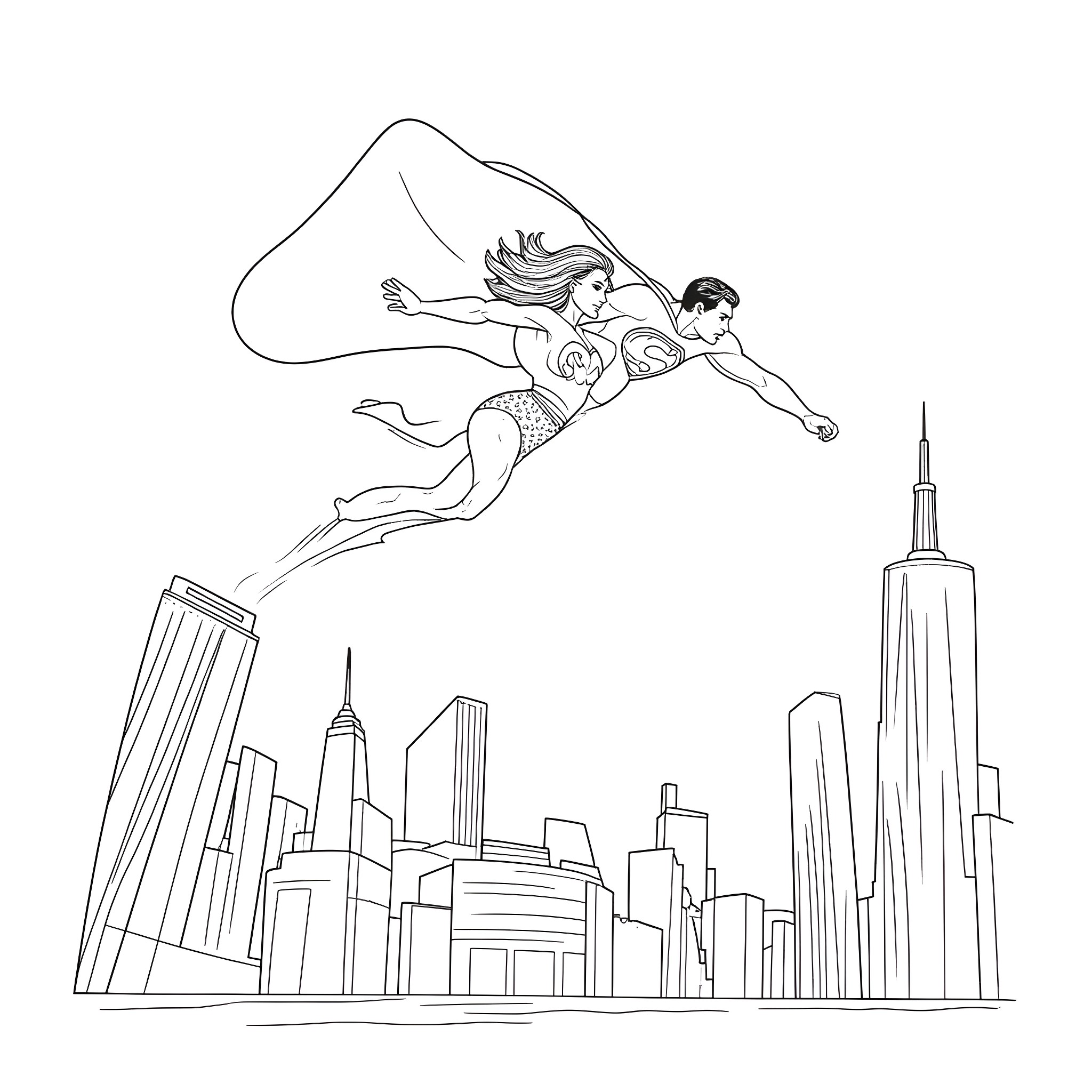 Wonder Woman flying over the city skyline Coloring Page (free black-and-white line drawing printable PDF for all, from beginners to advanced learners, including children, teens, adults, and seniors)