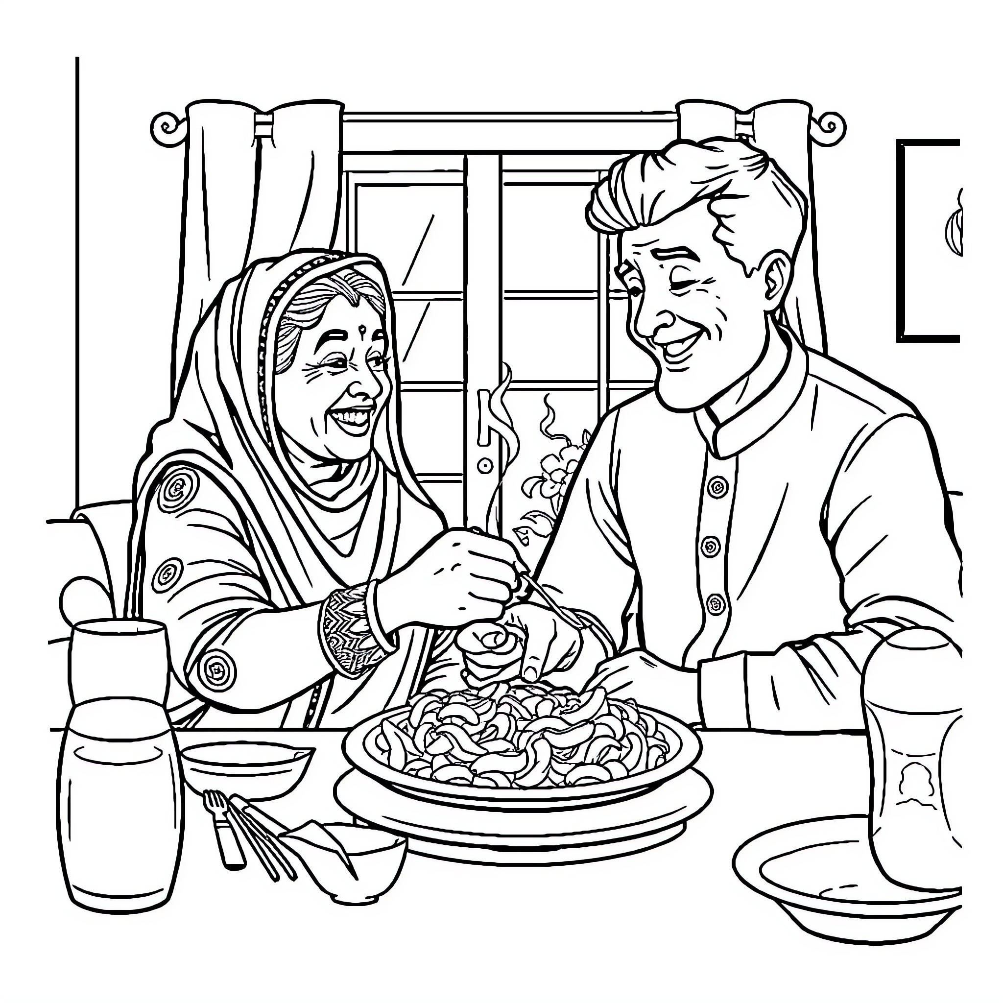 Grandma and Grandson Sharing a Meal Together Coloring Page (free black-and-white line drawing printable PDF for all, from beginners to advanced learners, including children, teens, adults, and seniors)