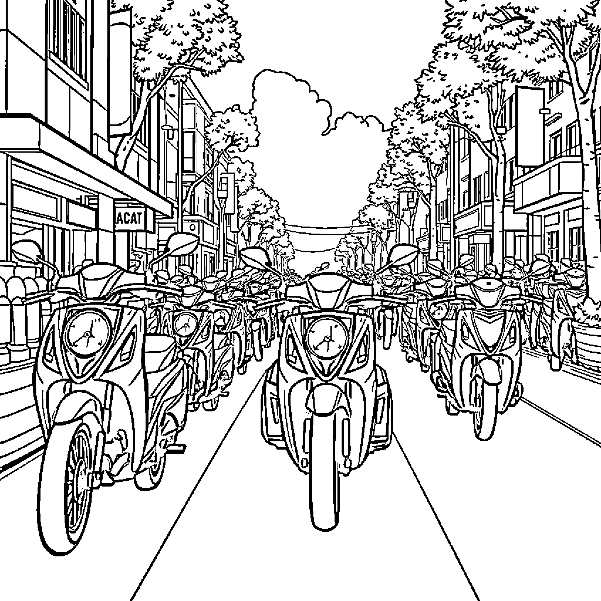 Motorbike riders on a busy urban street Coloring Page (free black-and-white line drawing printable PDF for all, from beginners to advanced learners, including children, teens, adults, and seniors)
