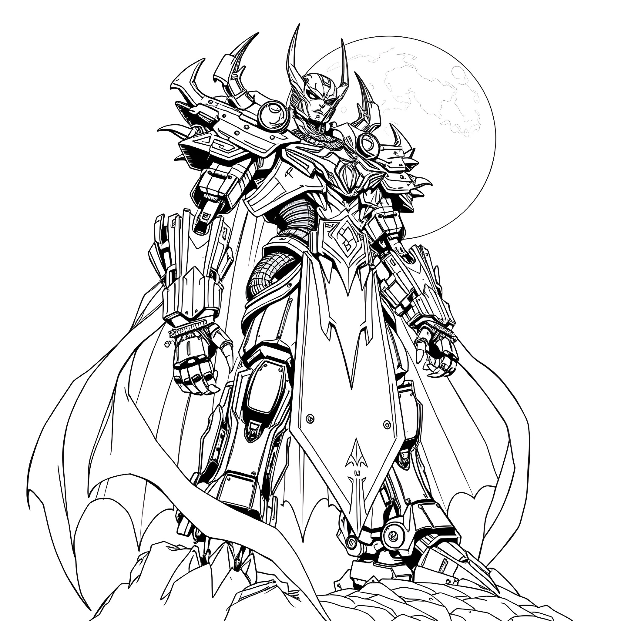 Mecha Dracula's Heroic Transformation against Darkness Coloring Page (free black-and-white line drawing printable PDF for all, from beginners to advanced learners, including children, teens, adults, and seniors)