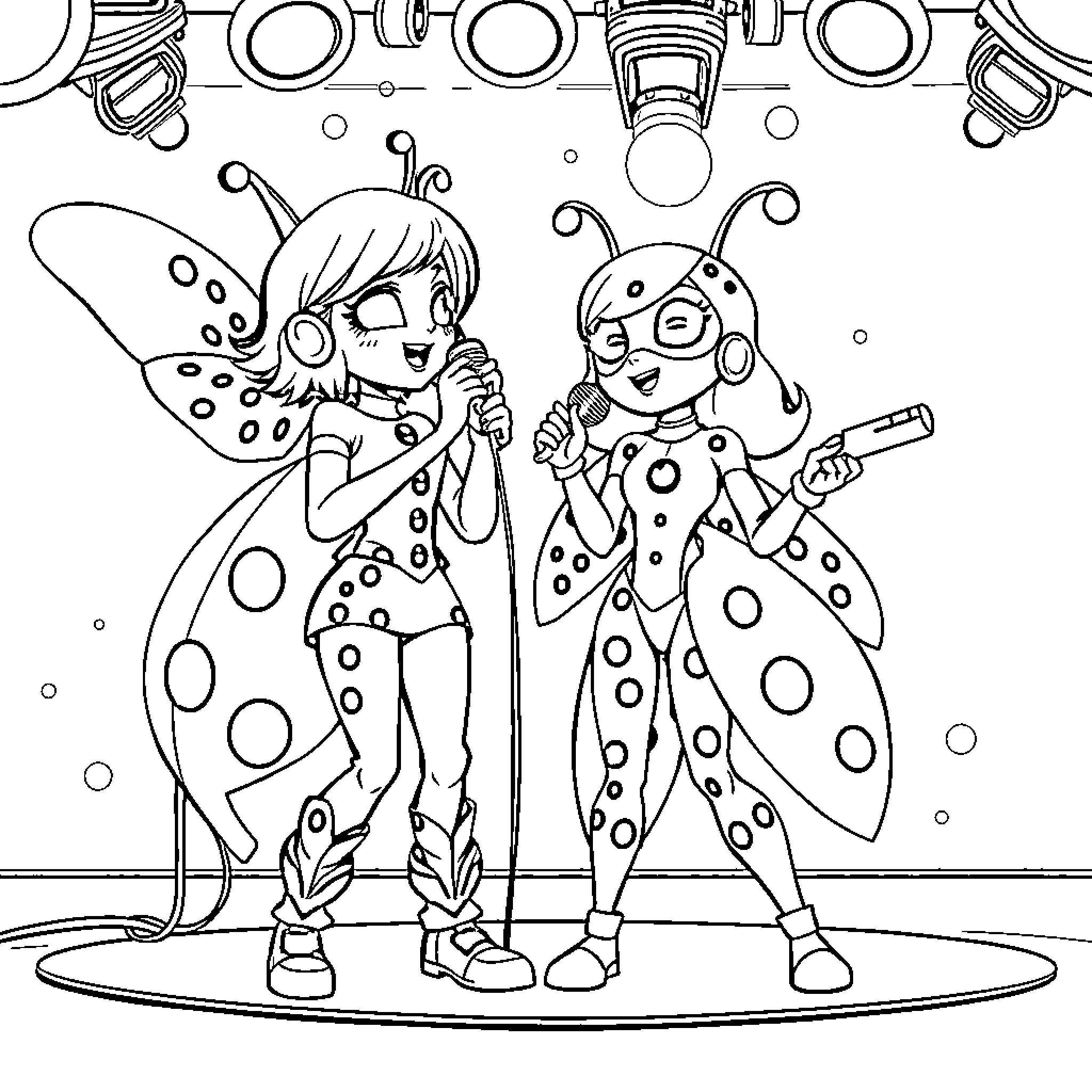 Huntrix Fairies Dancing and Singing Coloring Page (free black-and-white line drawing printable PDF for all, from beginners to advanced learners, including children, teens, adults, and seniors)