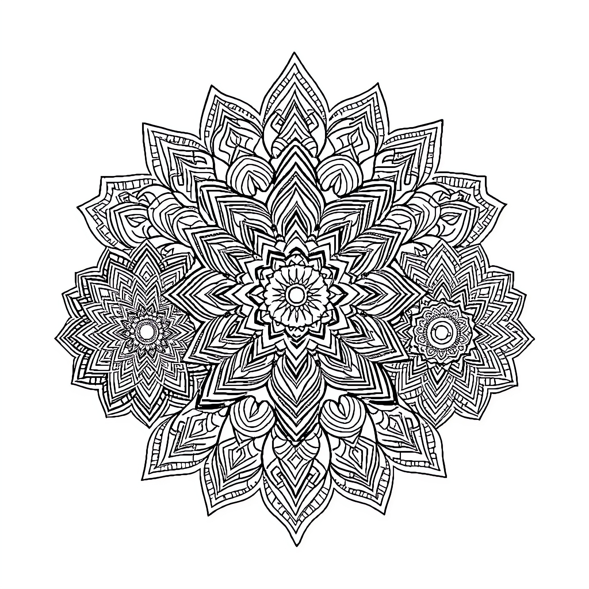 Mandala with intricate floral patterns and geometric designs Coloring Page (free black-and-white line drawing printable PDF for all, from beginners to advanced learners, including children, teens, adults, and seniors)