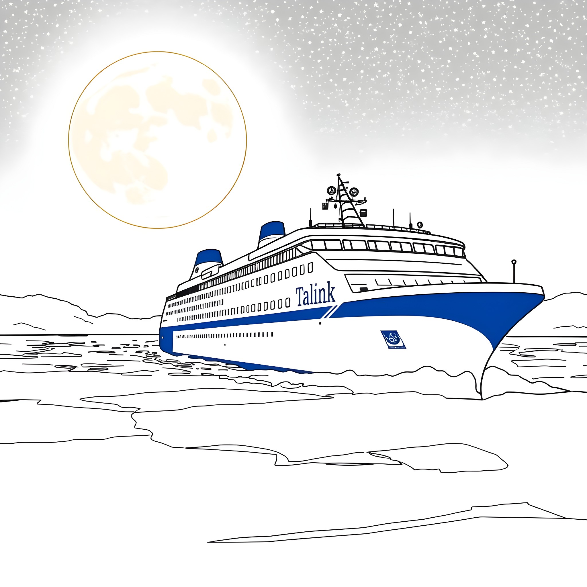 Ship sailing under the moonlight Coloring Page (free black-and-white line drawing printable PDF for all, from beginners to advanced learners, including children, teens, adults, and seniors)