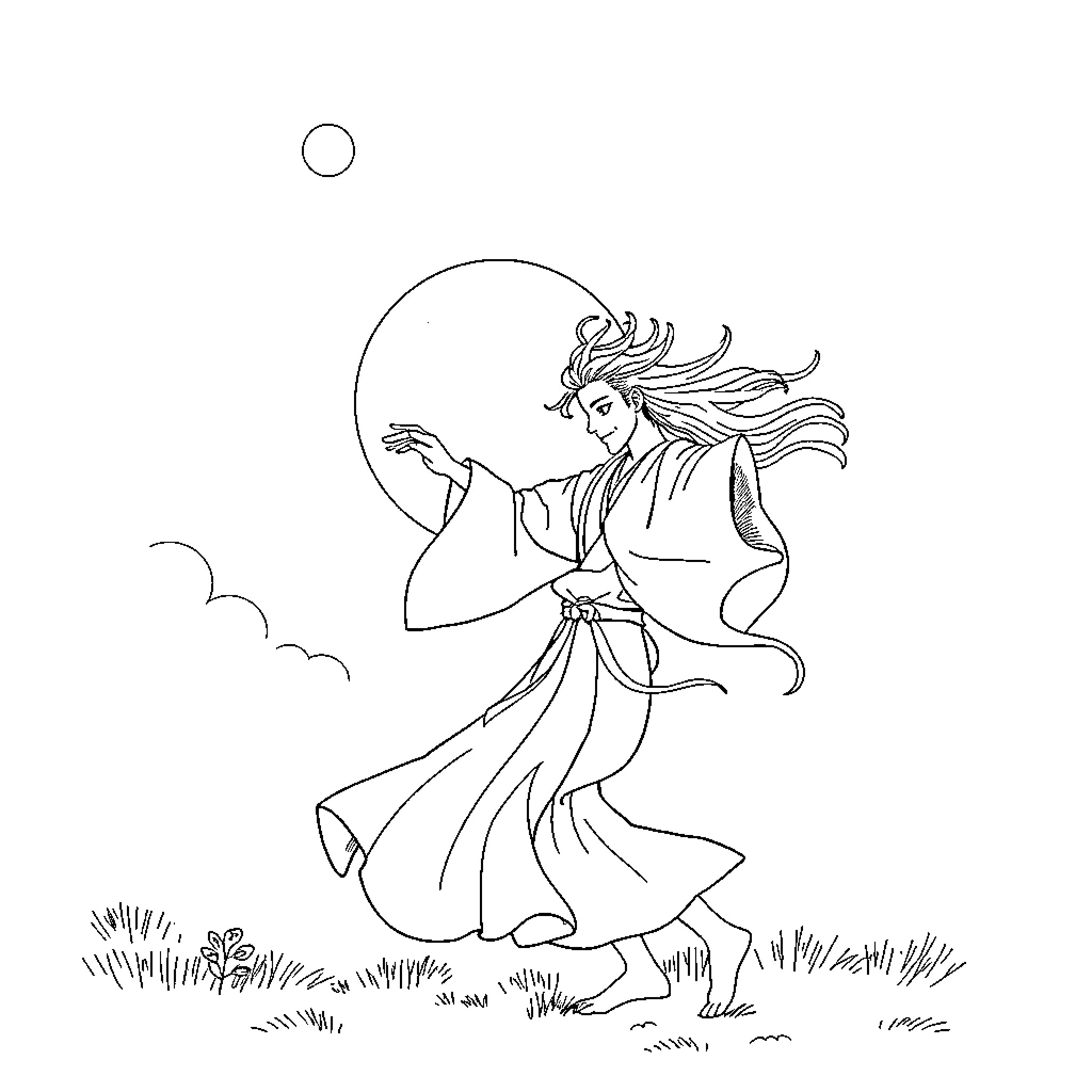Tanjiro's Moonlit Dance in Nature Coloring Page (free black-and-white line drawing printable PDF for all, from beginners to advanced learners, including children, teens, adults, and seniors)