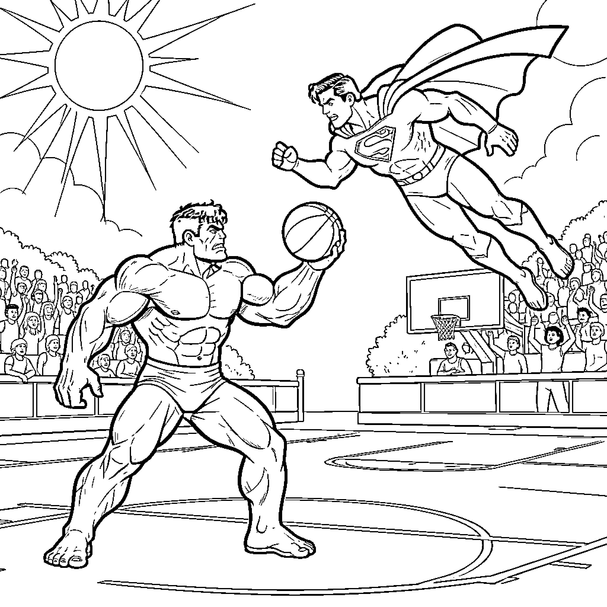 Hulk and Superhero Basketball Showdown Coloring Page (free black-and-white line drawing printable PDF for all, from beginners to advanced learners, including children, teens, adults, and seniors)