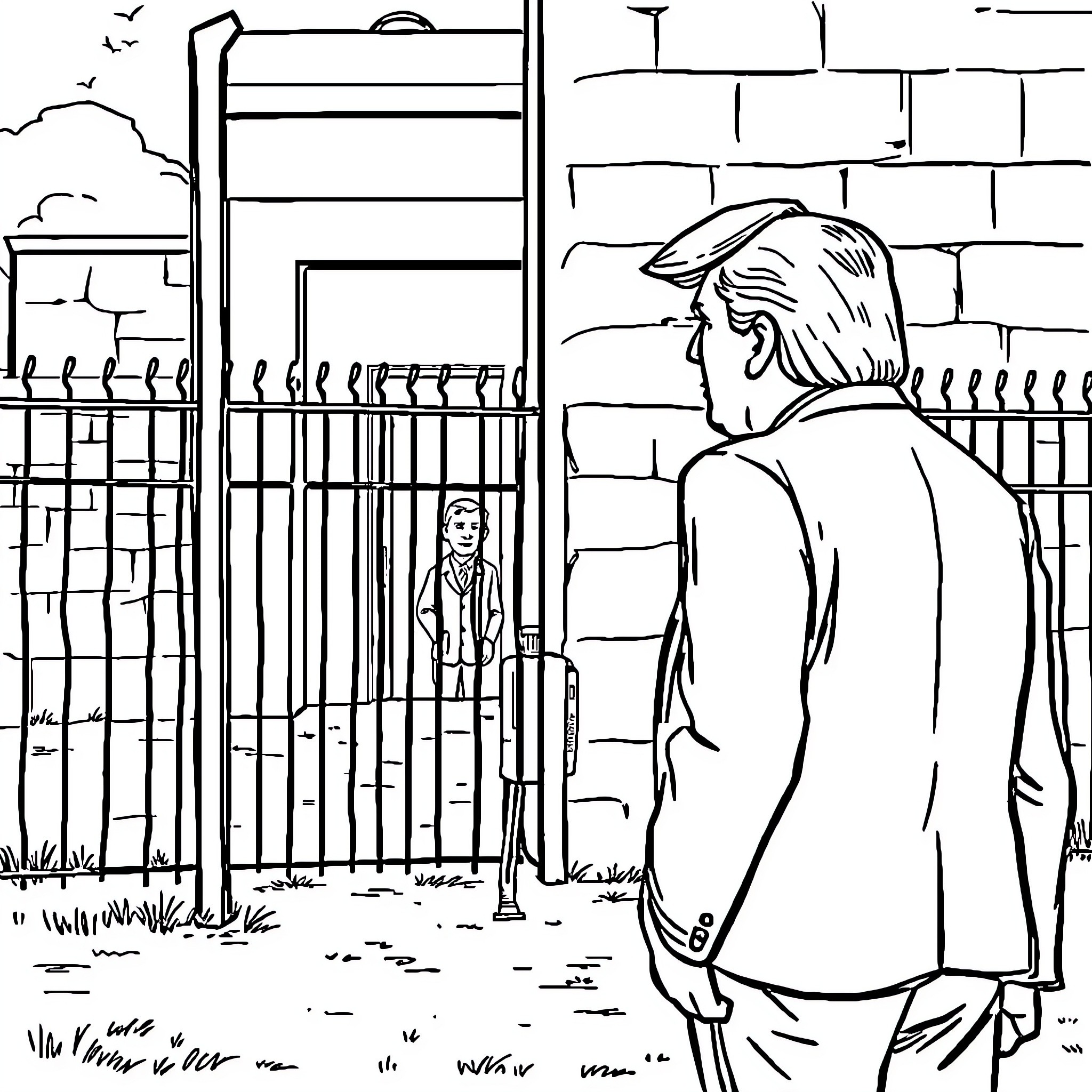 Donald Trump viewing prison through fence Coloring Page (free black-and-white line drawing printable PDF for all, from beginners to advanced learners, including children, teens, adults, and seniors)