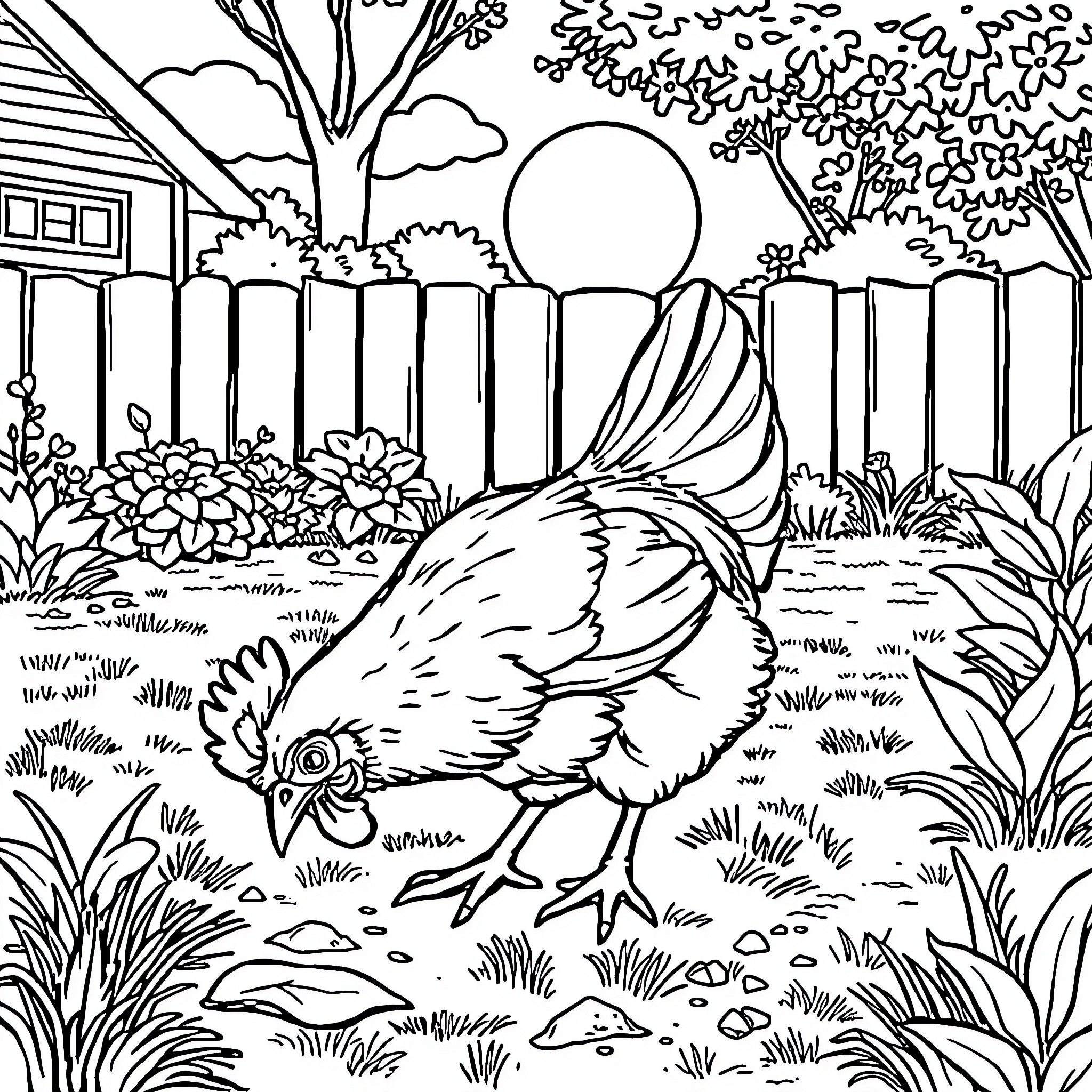 Chicken exploring lush garden landscape Coloring Page (free black-and-white line drawing printable PDF for all, from beginners to advanced learners, including children, teens, adults, and seniors)