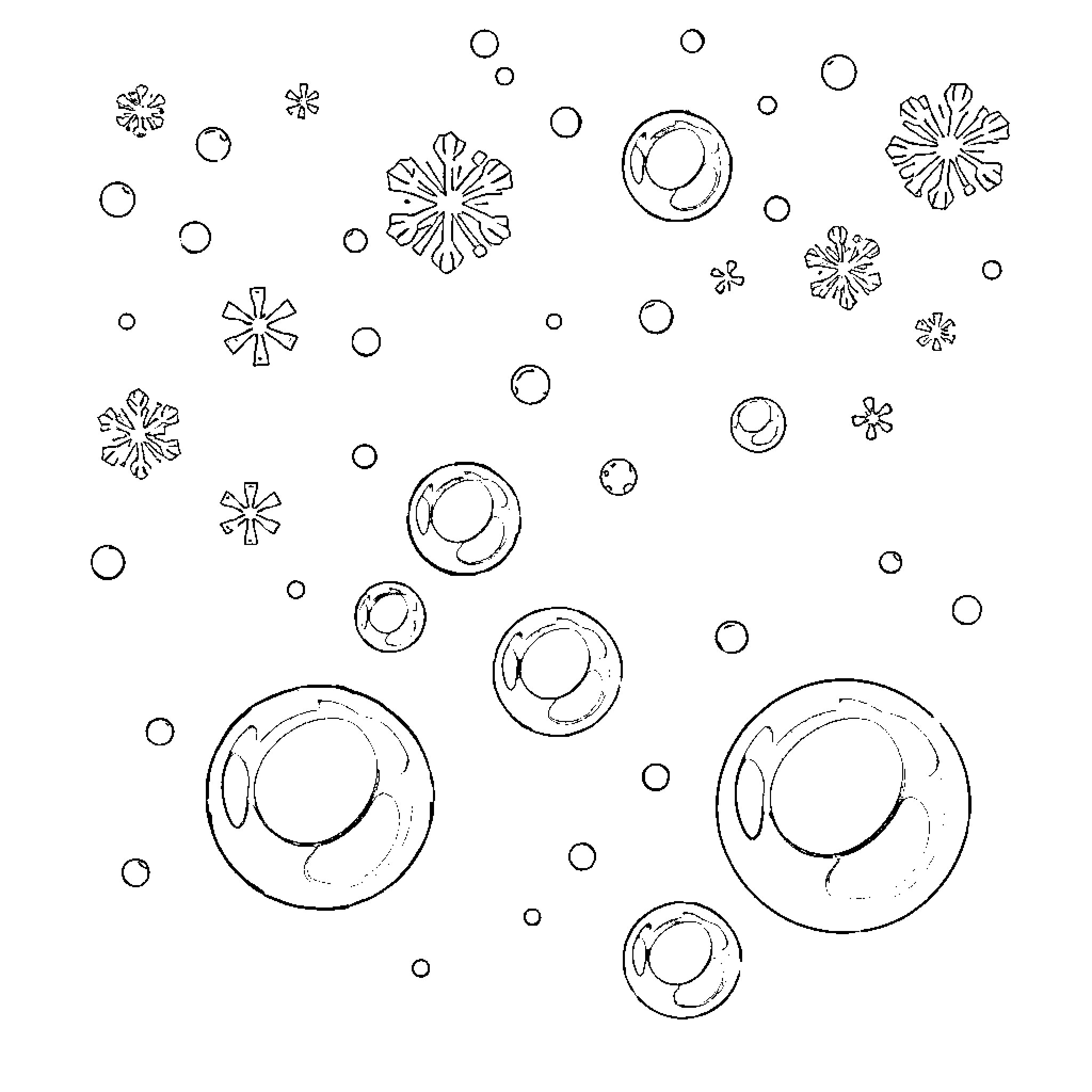 Snowflake patterns in the snowy environment Coloring Page (free black-and-white line drawing printable PDF for all, from beginners to advanced learners, including children, teens, adults, and seniors)