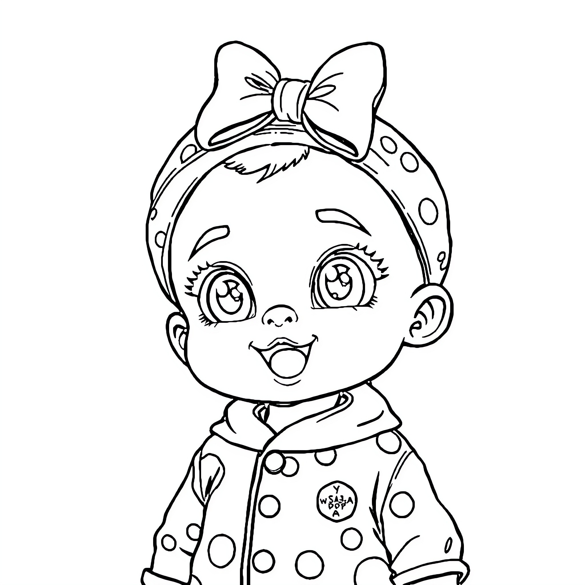 Baby Saja in polka dot outfit with bow Coloring Page (free black-and-white line drawing printable PDF for all, from beginners to advanced learners, including children, teens, adults, and seniors)