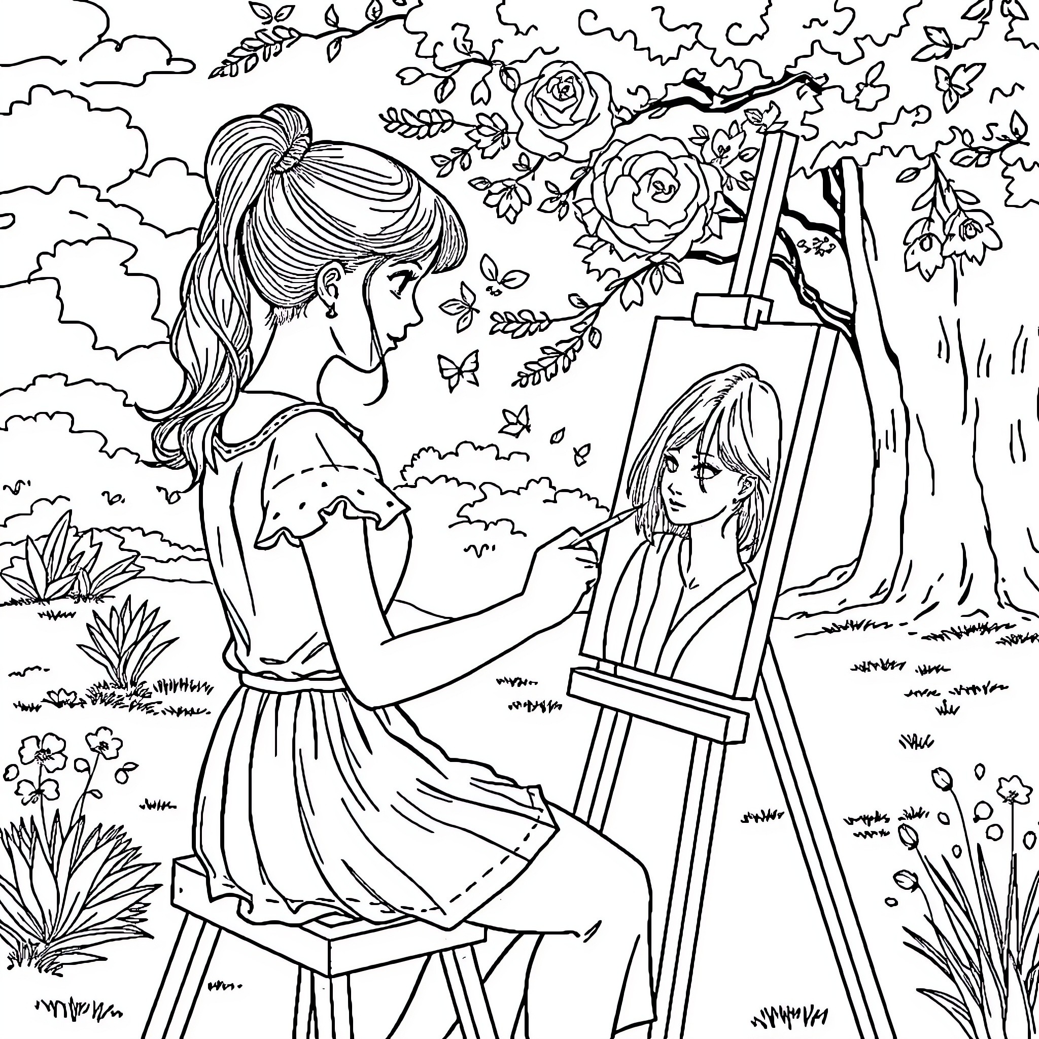 Girl painting outdoors in garden Coloring Page (free black-and-white line drawing printable PDF for all, from beginners to advanced learners, including children, teens, adults, and seniors)