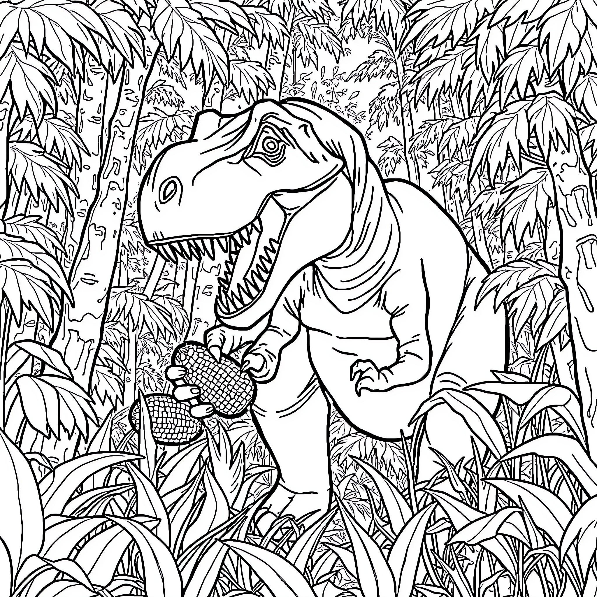 T-Rex exploring lush jungle landscape Coloring Page (free black-and-white line drawing printable PDF for all, from beginners to advanced learners, including children, teens, adults, and seniors)