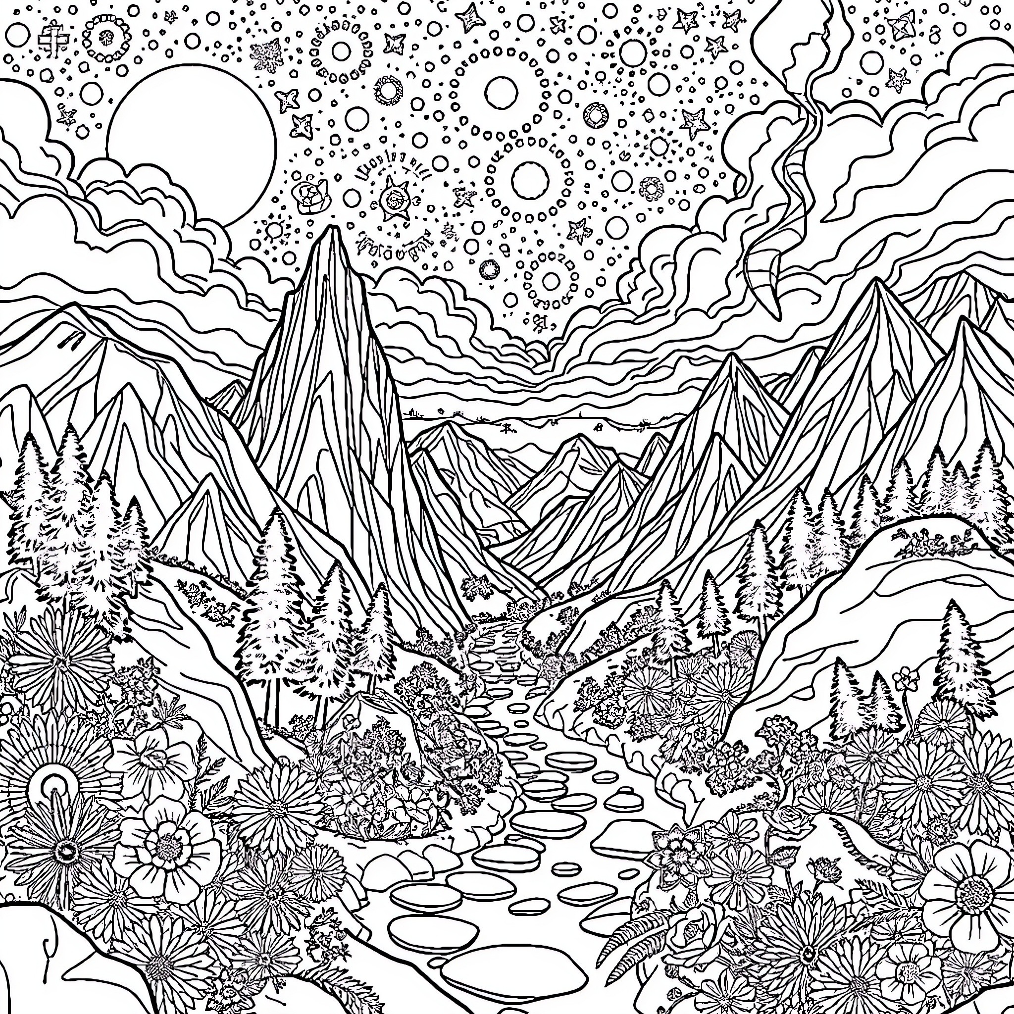 Landscape with Enchanting Wilderness Scene Coloring Page (free black-and-white line drawing printable PDF for all, from beginners to advanced learners, including children, teens, adults, and seniors)