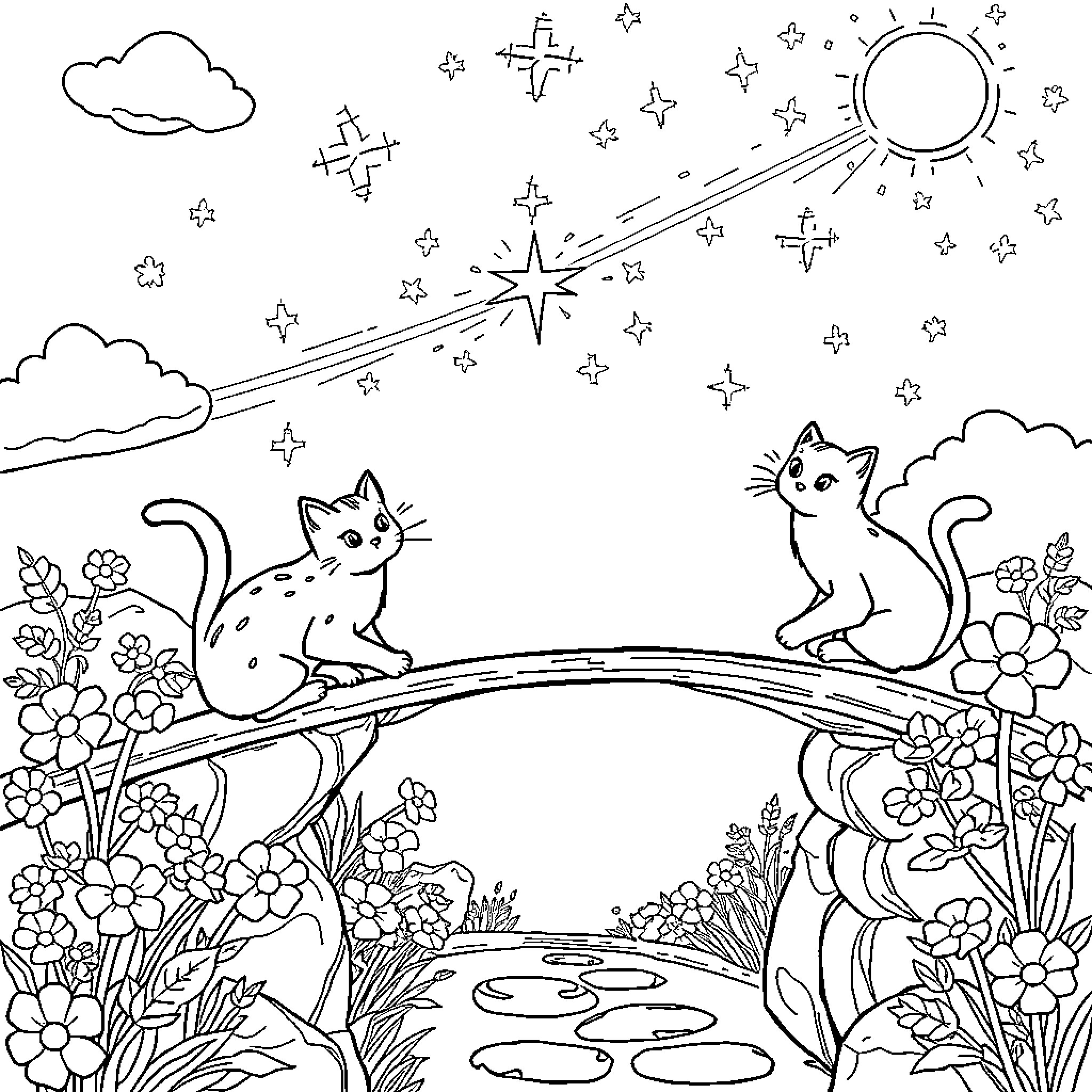Cats in a Starry Meadow Coloring Page (free black-and-white line drawing printable PDF for all, from beginners to advanced learners, including children, teens, adults, and seniors)