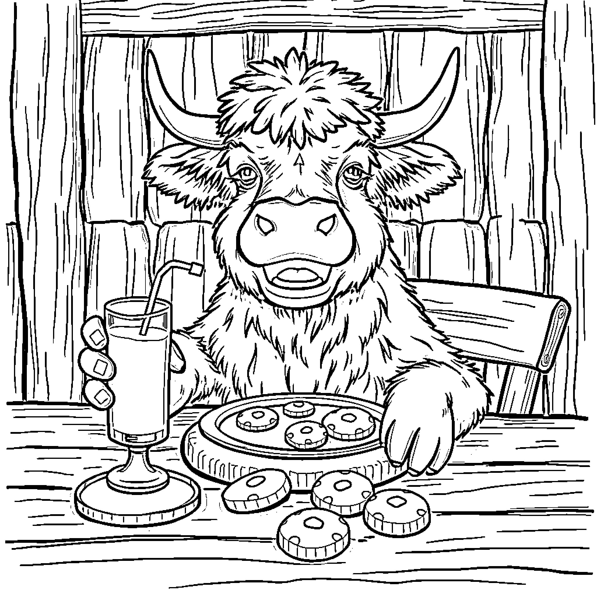 Highland Cow enjoying a snack and drink Coloring Page (free black-and-white line drawing printable PDF for all, from beginners to advanced learners, including children, teens, adults, and seniors)
