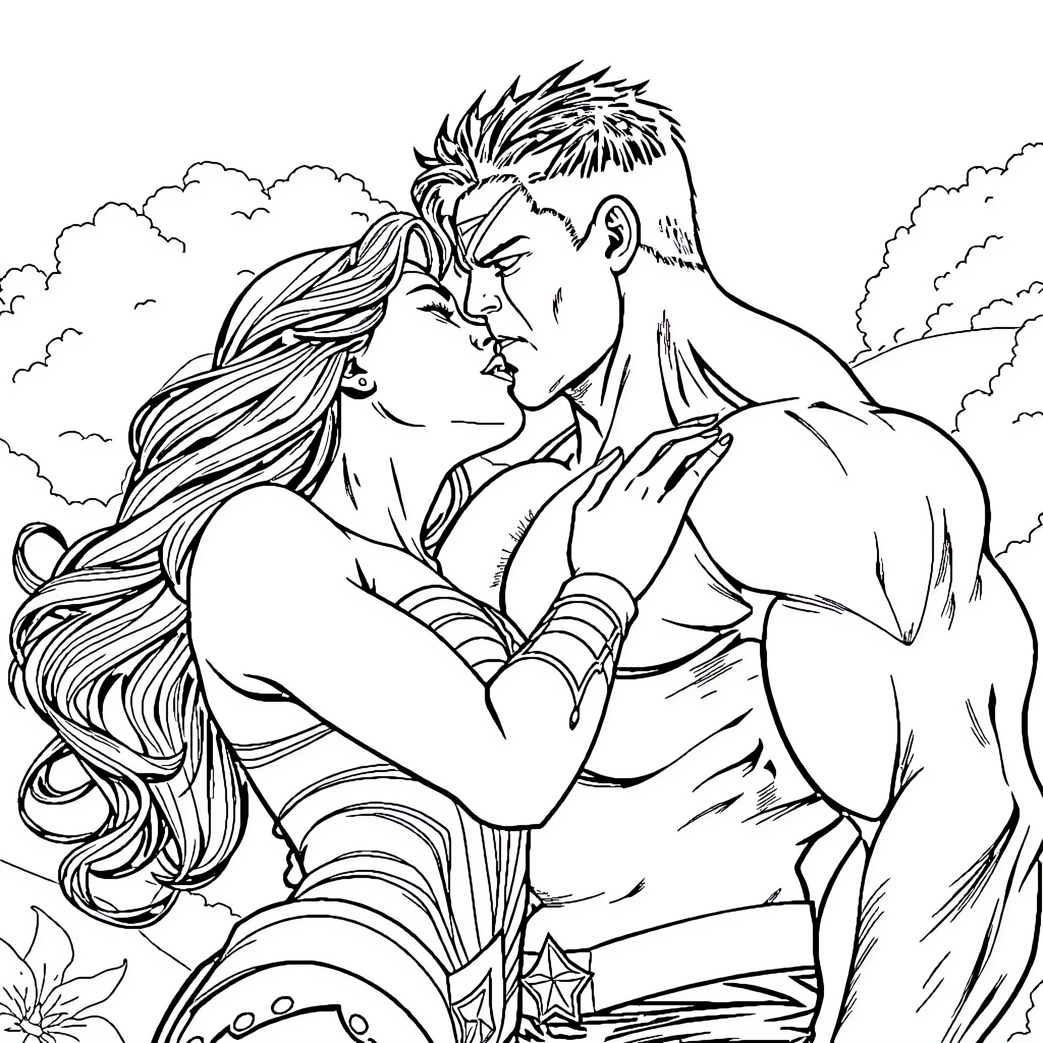 Hulk characters in a passionate embrace Coloring Page (free black-and-white line drawing printable PDF for all, from beginners to advanced learners, including children, teens, adults, and seniors)