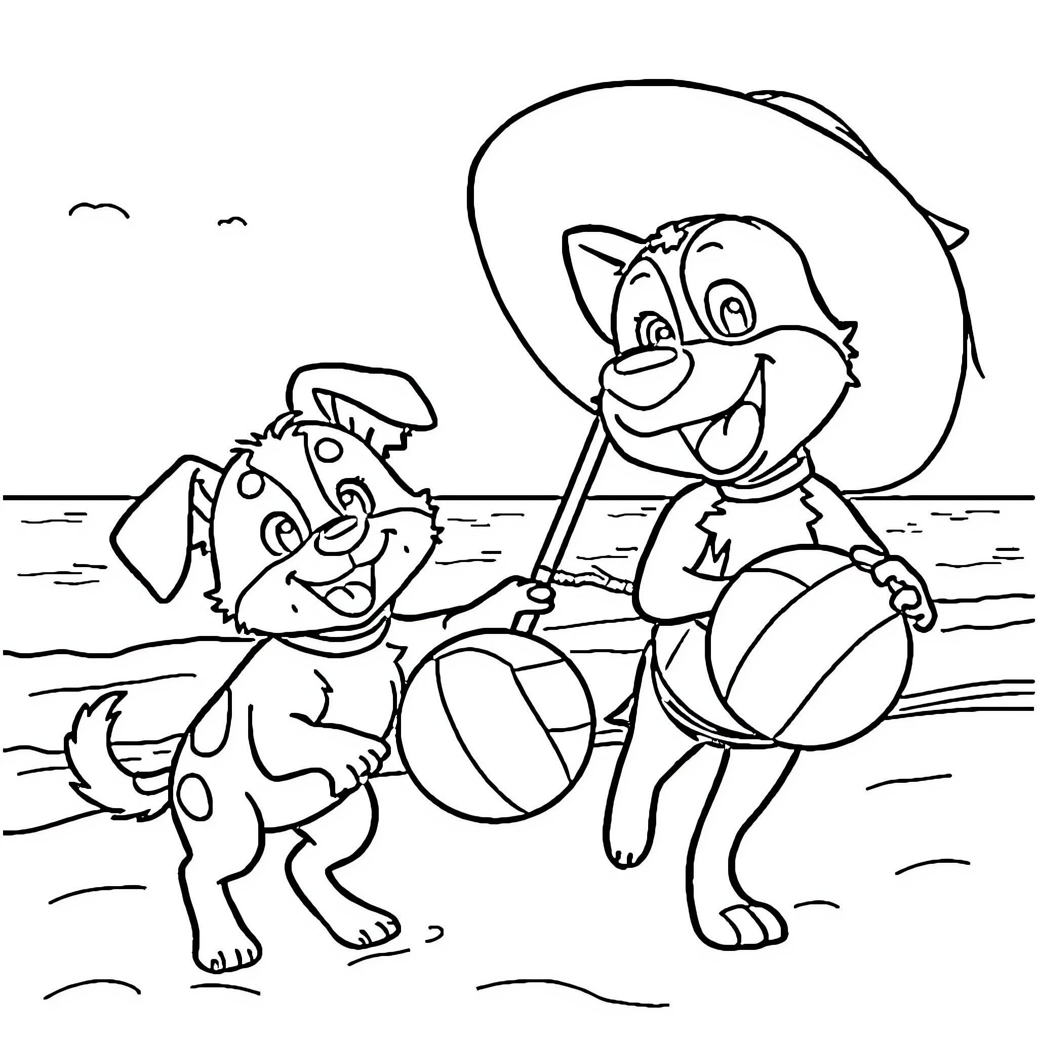 Bluey and friends playing at the beach Coloring Page (free black-and-white line drawing printable PDF for all, from beginners to advanced learners, including children, teens, adults, and seniors)