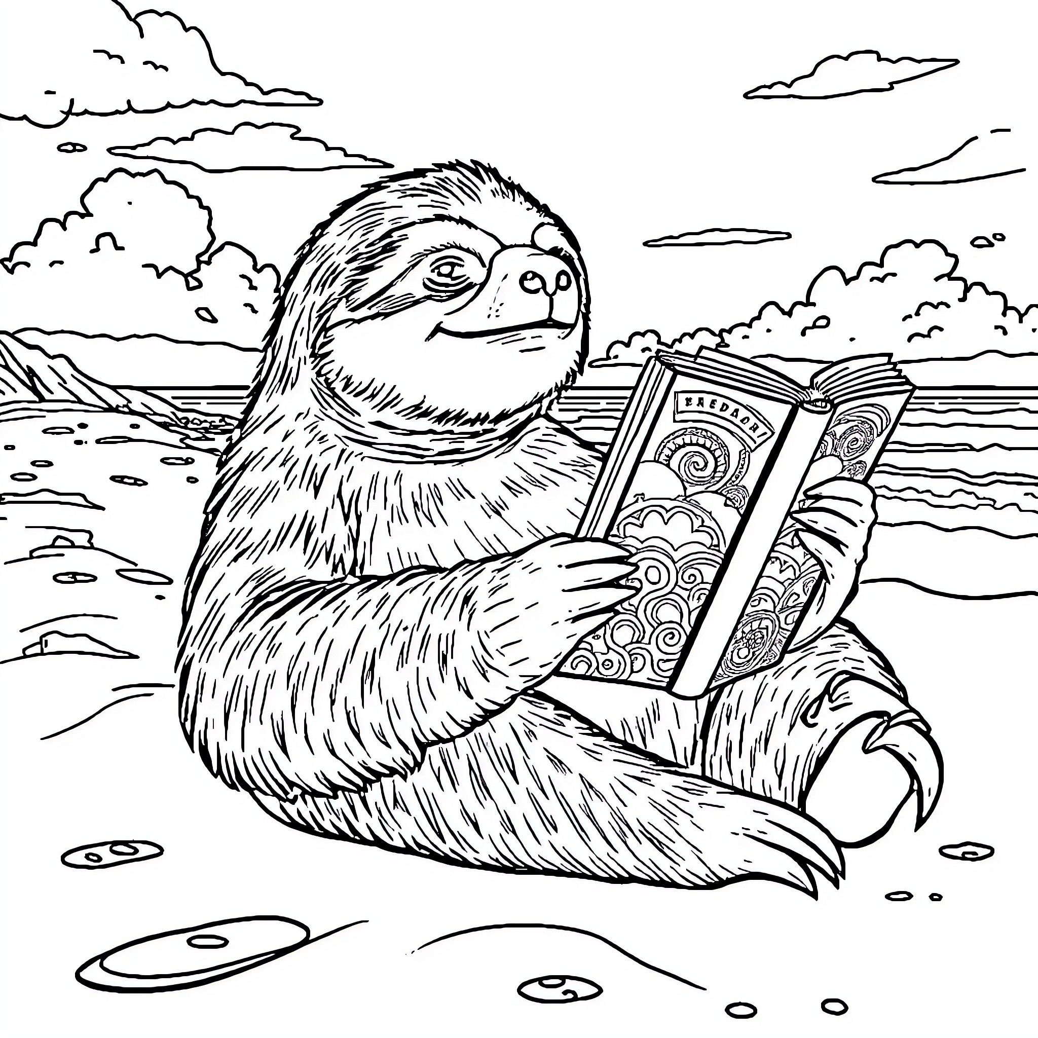 Sloth reading a book by the beach Coloring Page (free black-and-white line drawing printable PDF for all, from beginners to advanced learners, including children, teens, adults, and seniors)