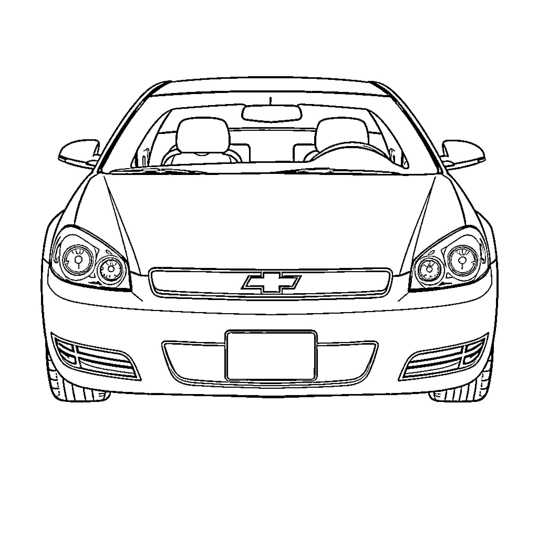Chevy Impala sedan parked front view Coloring Page (free black-and-white line drawing printable PDF for all, from beginners to advanced learners, including children, teens, adults, and seniors)