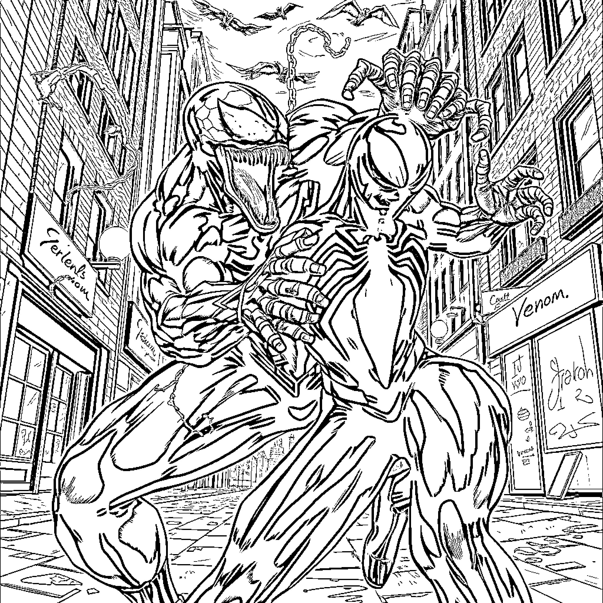 Venom Prowling Through the City Streets Coloring Page (free black-and-white line drawing printable PDF for all, from beginners to advanced learners, including children, teens, adults, and seniors)