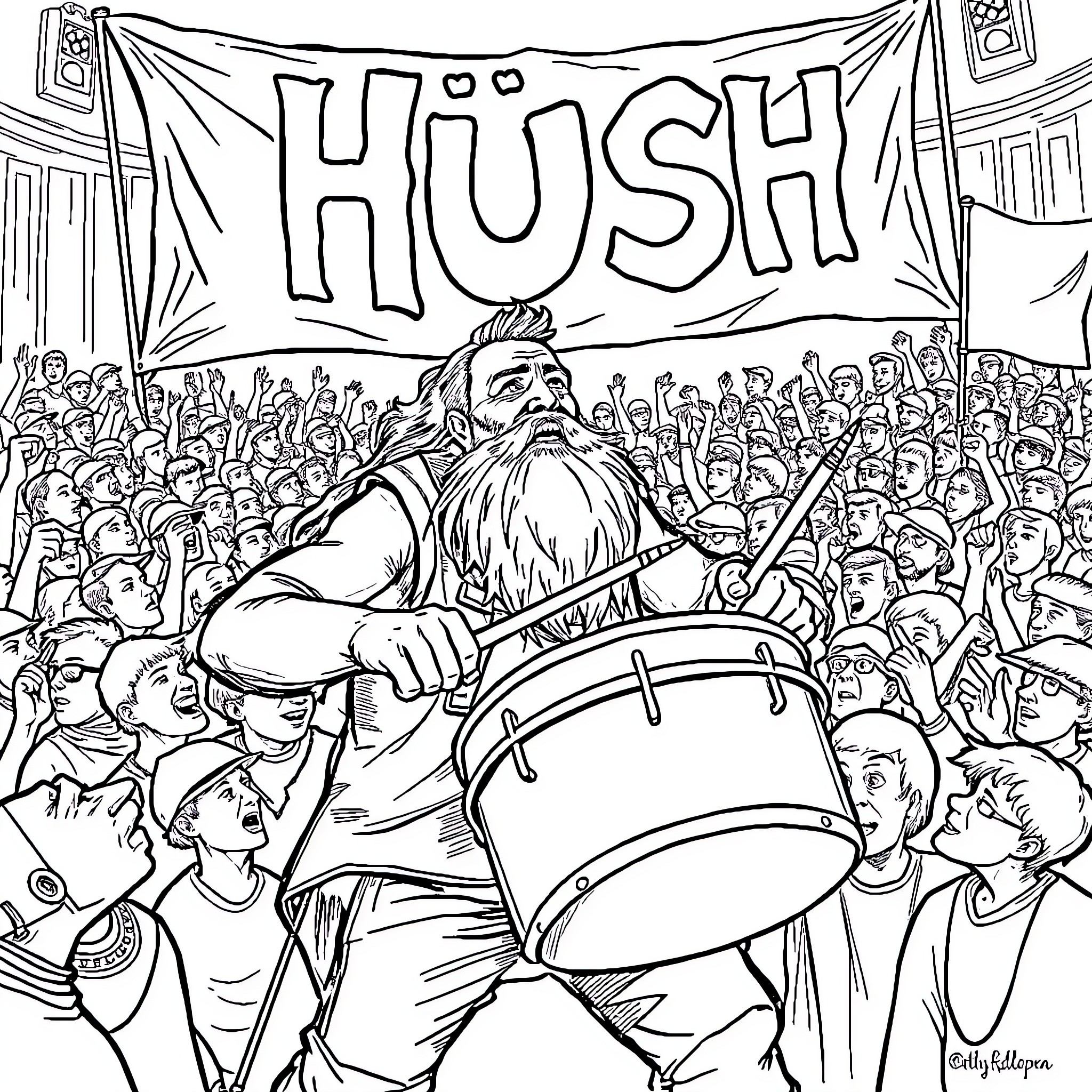 Drummer leading an excited crowd at a Hiush concert Coloring Page (free black-and-white line drawing printable PDF for all, from beginners to advanced learners, including children, teens, adults, and seniors)