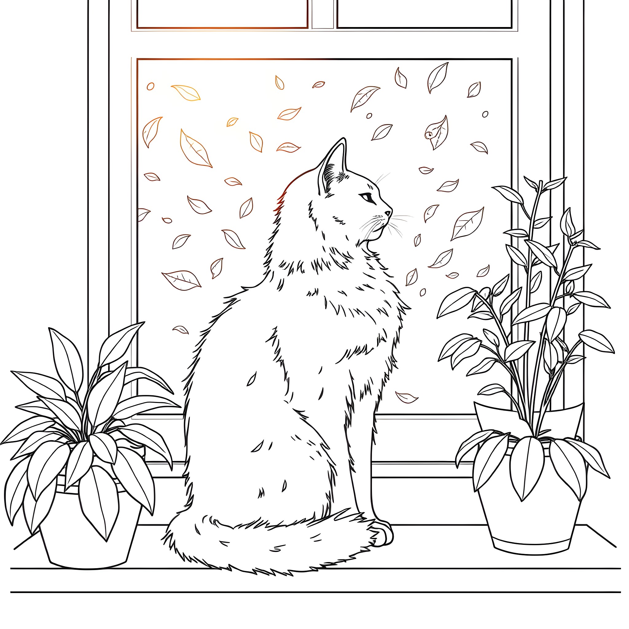 Cat watching falling leaves near indoor plants Coloring Page (free black-and-white line drawing printable PDF for all, from beginners to advanced learners, including children, teens, adults, and seniors)