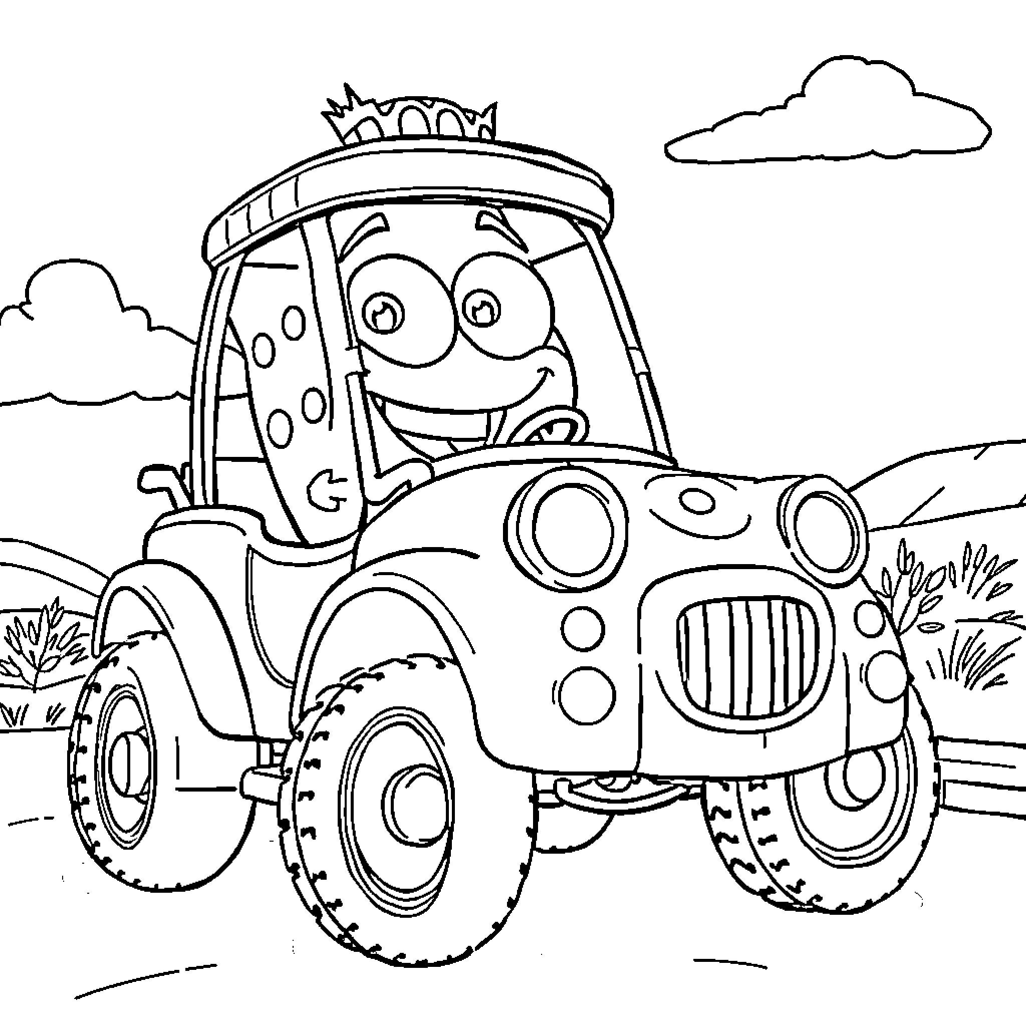 Bob esponja driving a funny tractor through the countryside Coloring Page (free black-and-white line drawing printable PDF for all, from beginners to advanced learners, including children, teens, adults, and seniors)