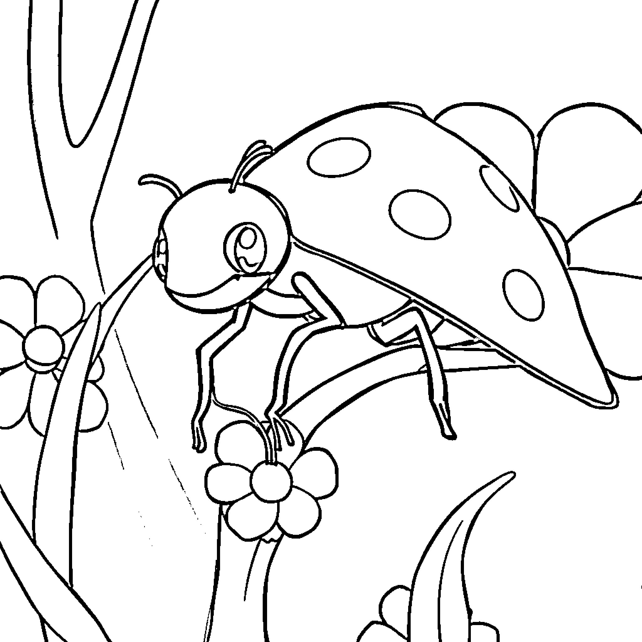 Ladybug exploring the garden Coloring Page (free black-and-white line drawing printable PDF for all, from beginners to advanced learners, including children, teens, adults, and seniors)