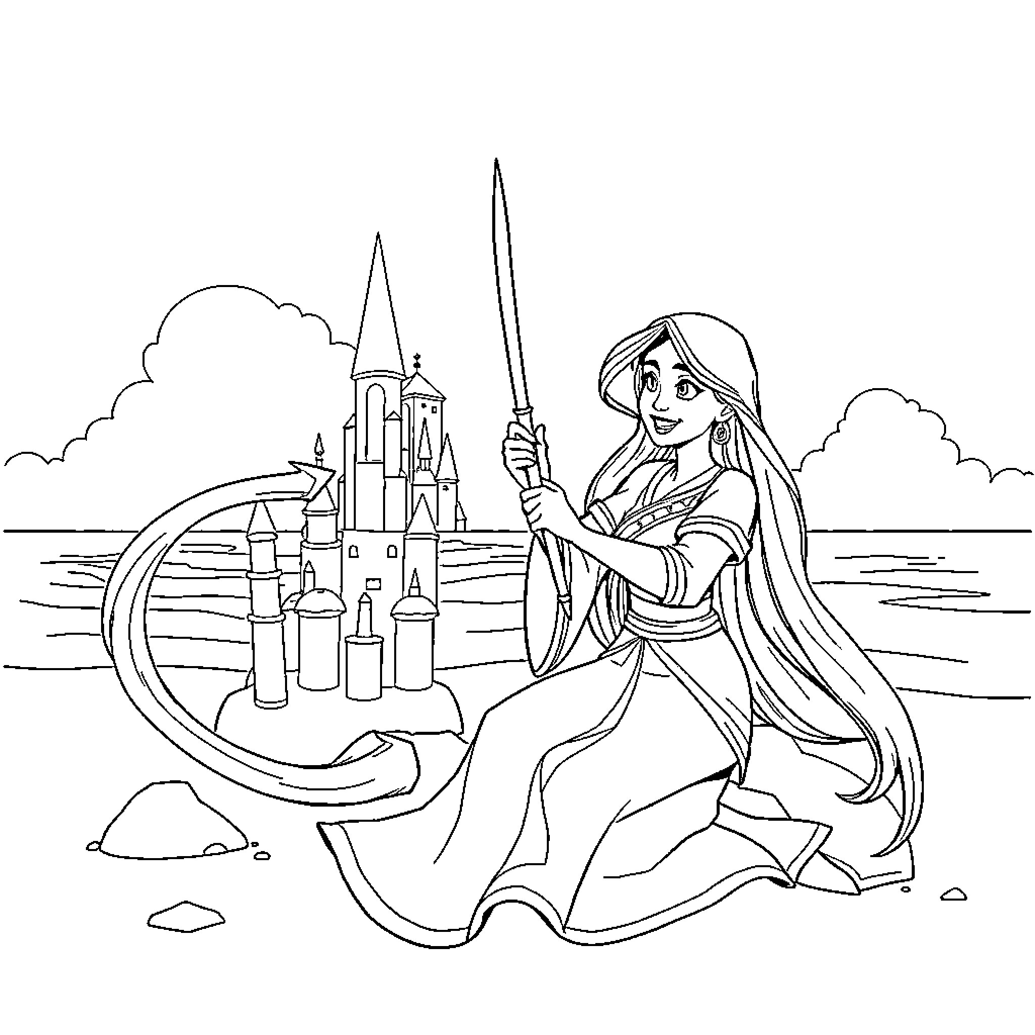 Mermaid warrior battles with sword and castle Coloring Page (free black-and-white line drawing printable PDF for all, from beginners to advanced learners, including children, teens, adults, and seniors)
