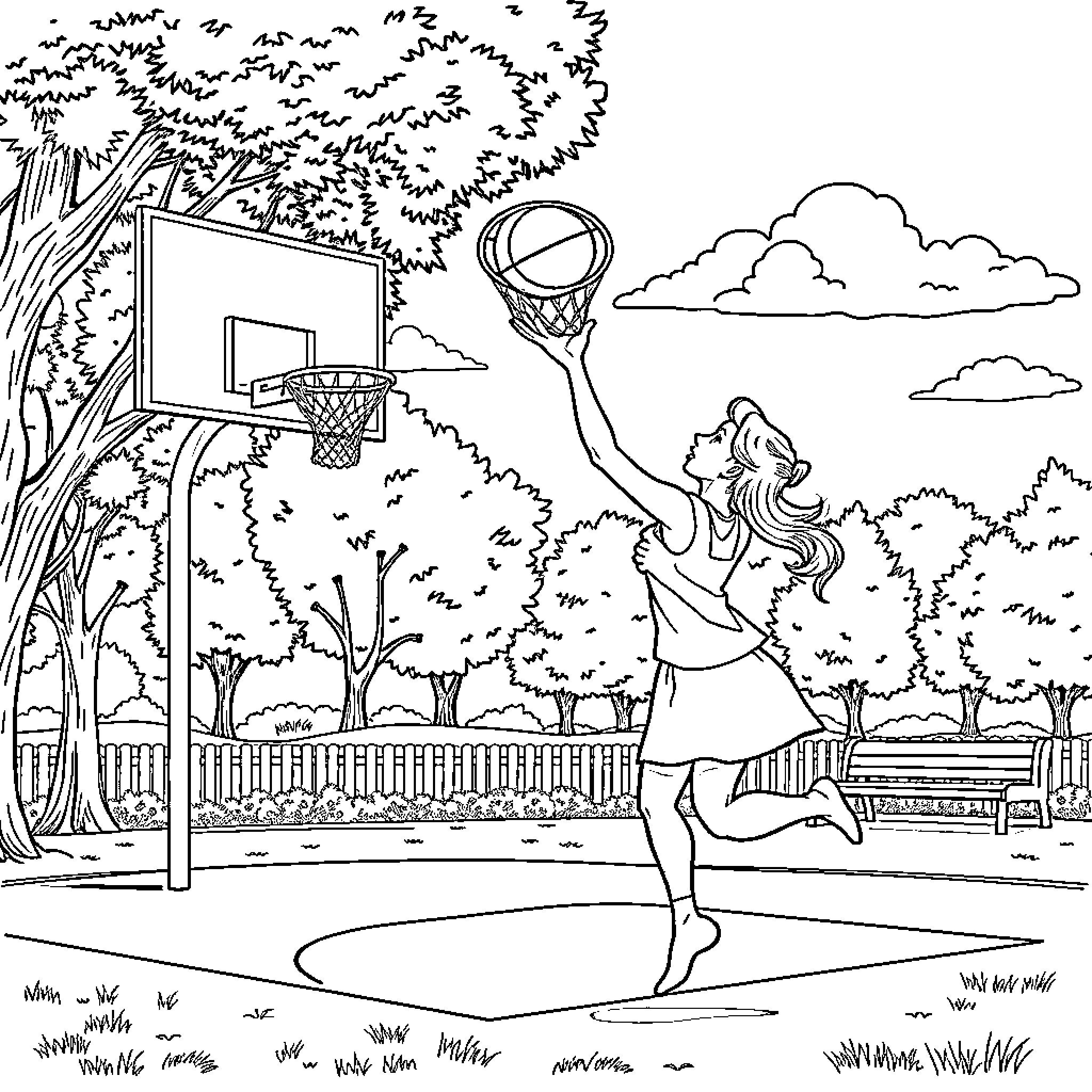Judy playing basketball in the park Coloring Page (free black-and-white line drawing printable PDF for all, from beginners to advanced learners, including children, teens, adults, and seniors)