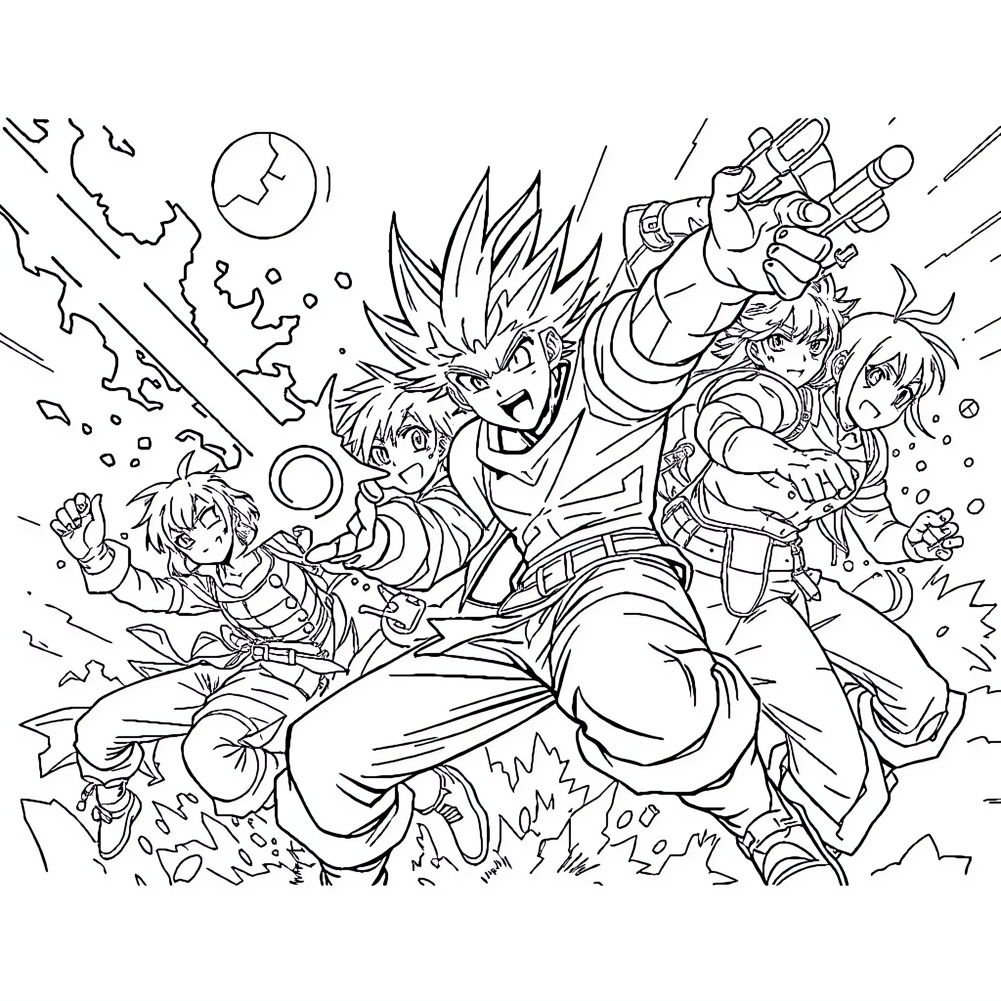 Anime Heroes in Epic Battle Scene Coloring Page (free black-and-white line drawing printable PDF for all, from beginners to advanced learners, including children, teens, adults, and seniors)