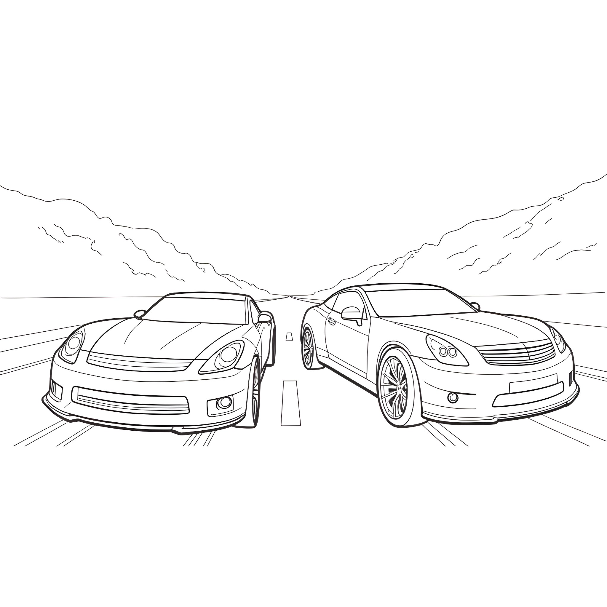Cars racing on open road Coloring Page (free black-and-white line drawing printable PDF for all, from beginners to advanced learners, including children, teens, adults, and seniors)