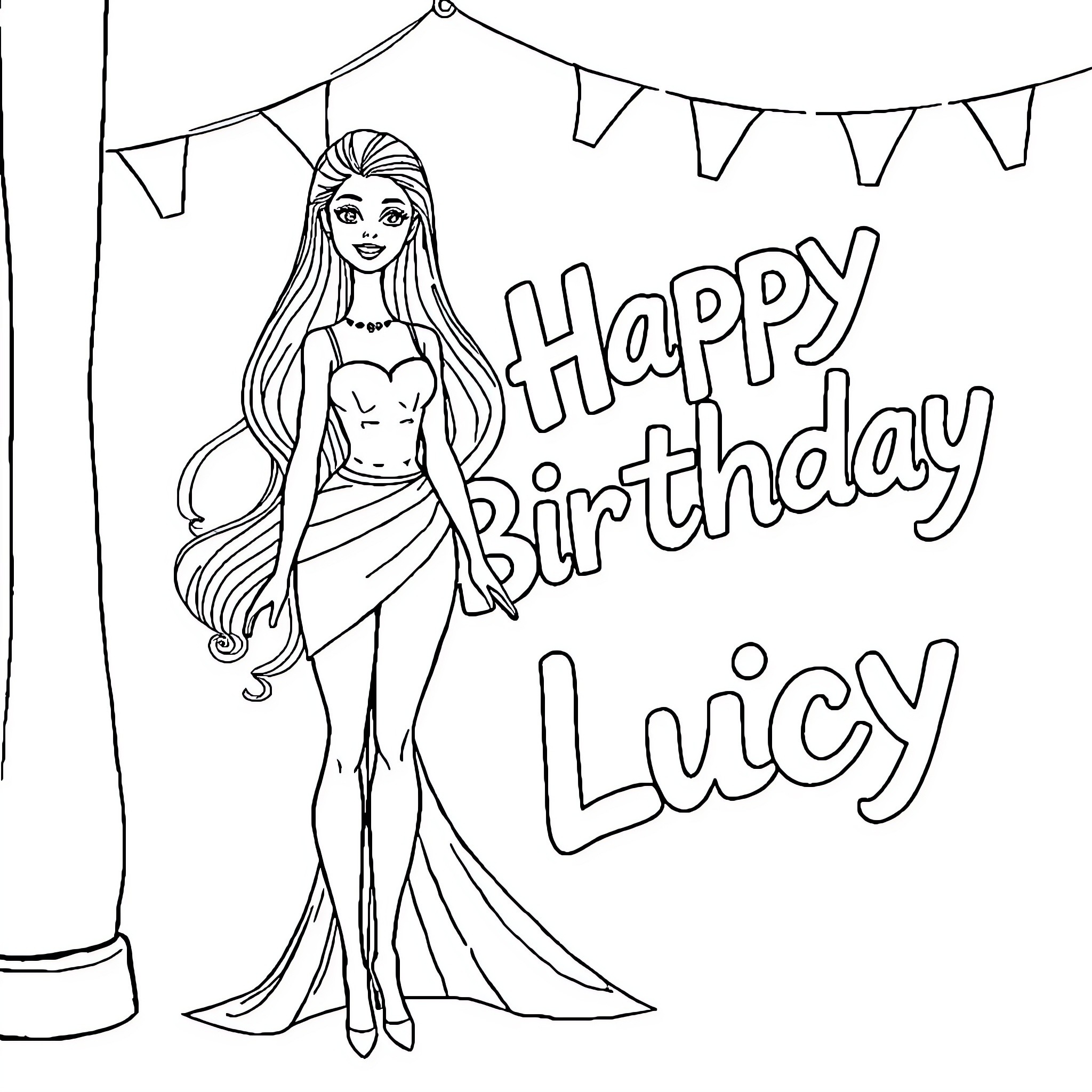 Barbie celebrating a happy birthday with birthday wishes Coloring Page (free black-and-white line drawing printable PDF for all, from beginners to advanced learners, including children, teens, adults, and seniors)
