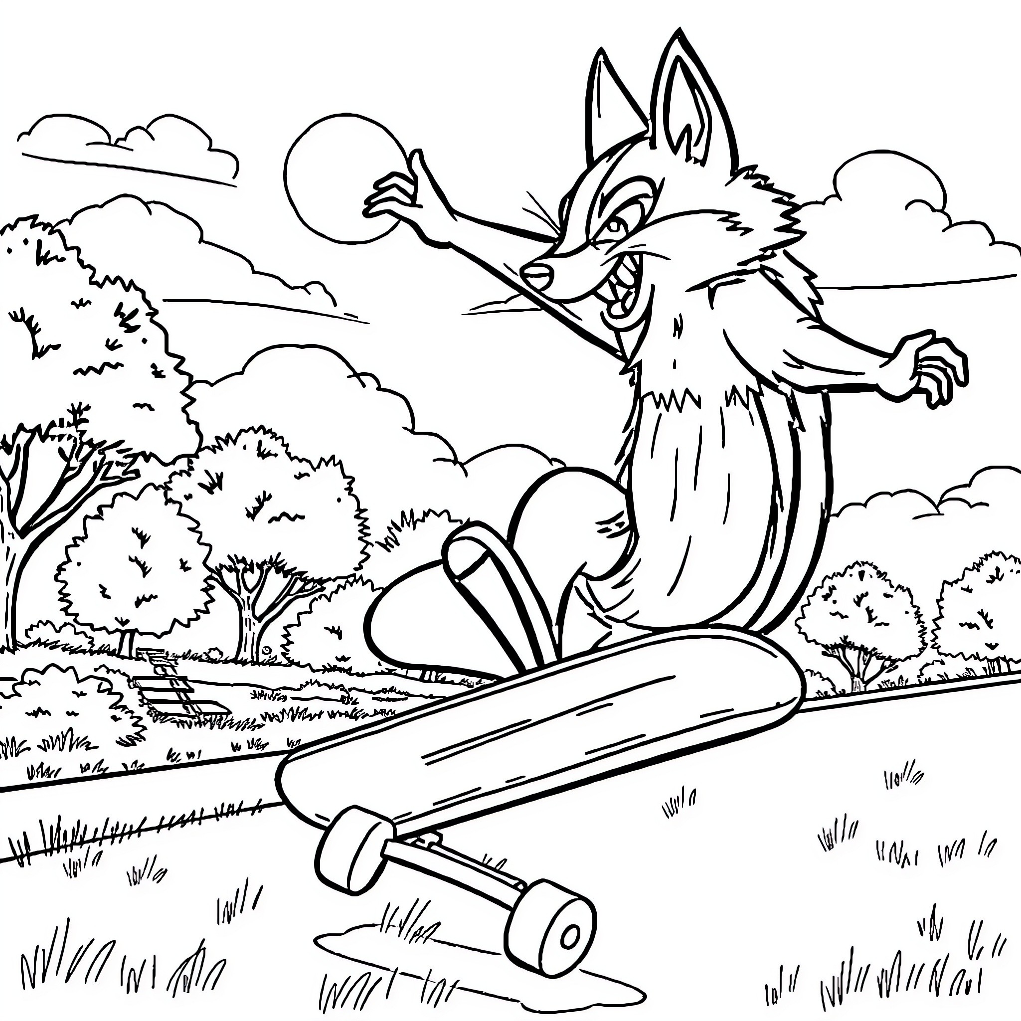 Fox riding a wooden sled through a snowy landscape Coloring Page (free black-and-white line drawing printable PDF for all, from beginners to advanced learners, including children, teens, adults, and seniors)